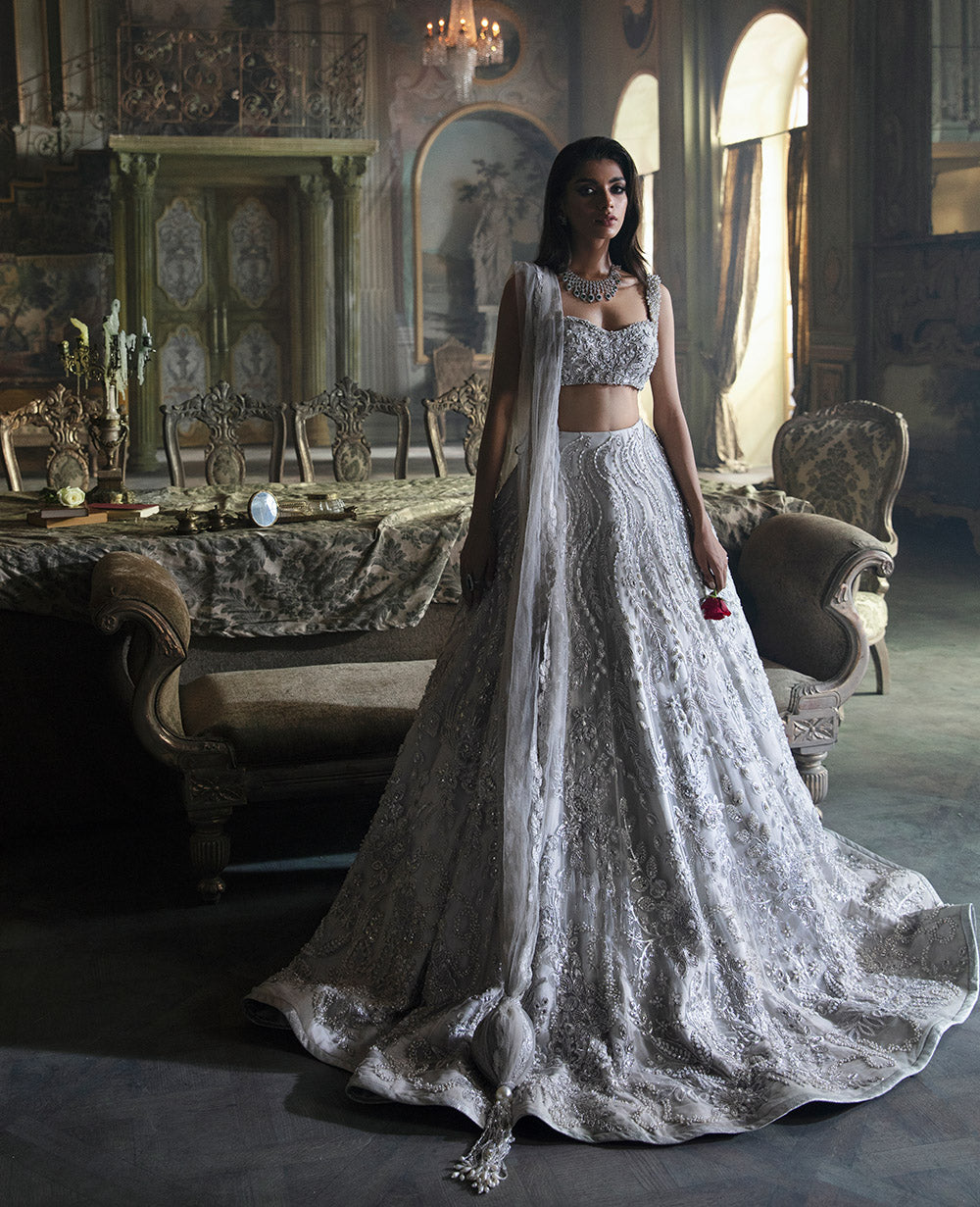 White Embellished Silk-Blend Lehenga Choli (3-Piece) - Image 4