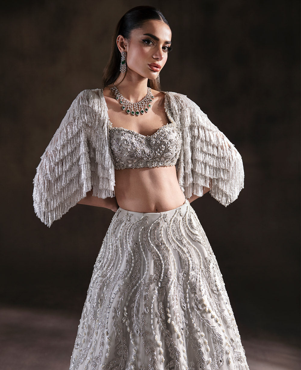 White Embellished Silk-Blend Lehenga Choli (3-Piece) - Image 5