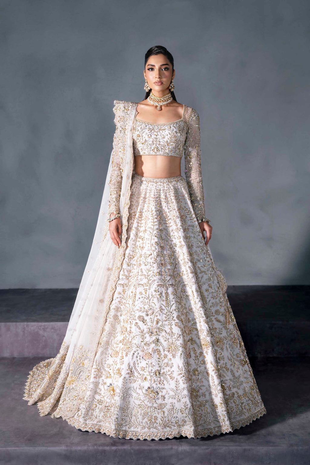 Pakistani White Gold Embroidered Silk Bridal Lehenga (3-Piece) - Image 1