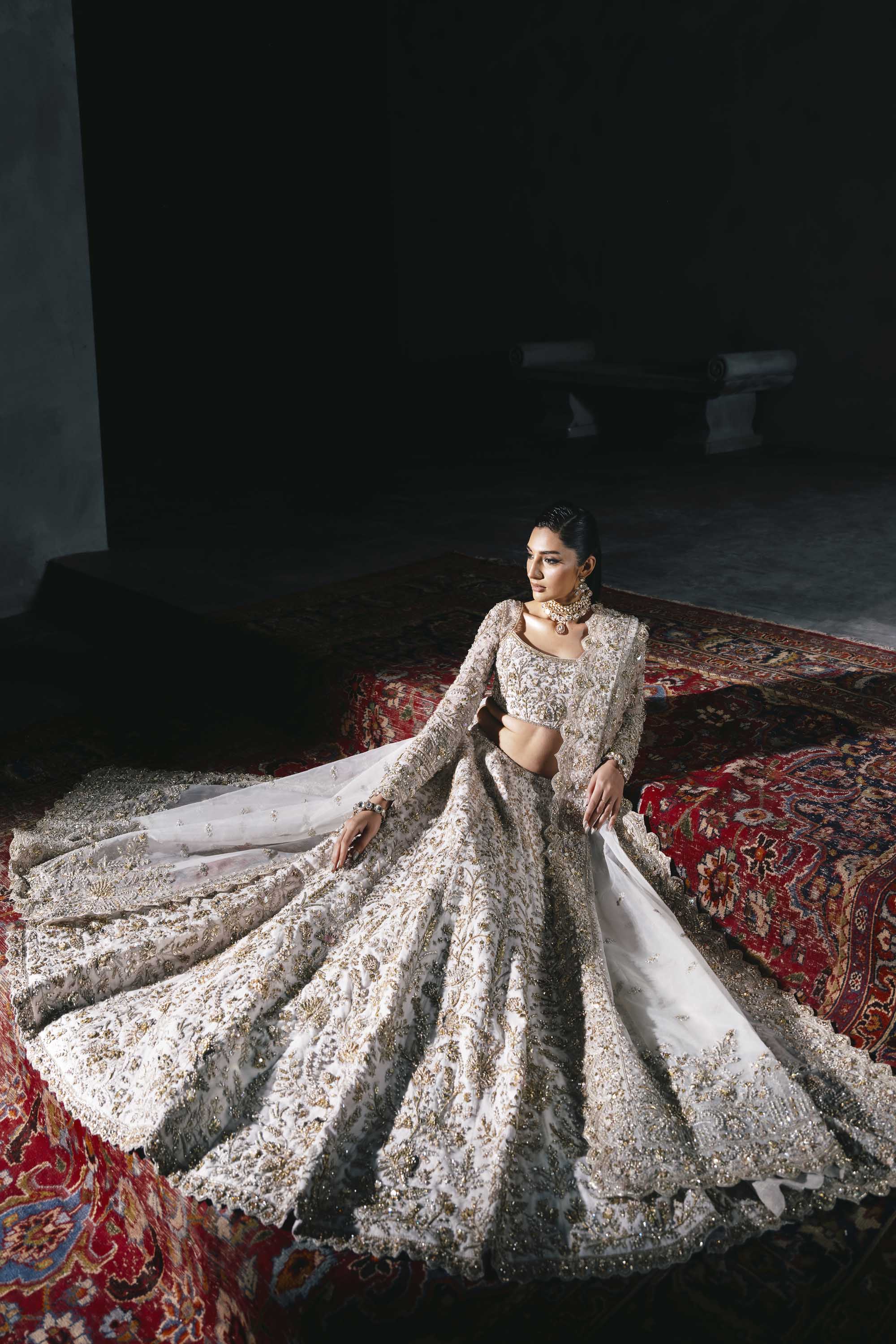 Pakistani White Gold Embroidered Silk Bridal Lehenga (3-Piece) - Image 10