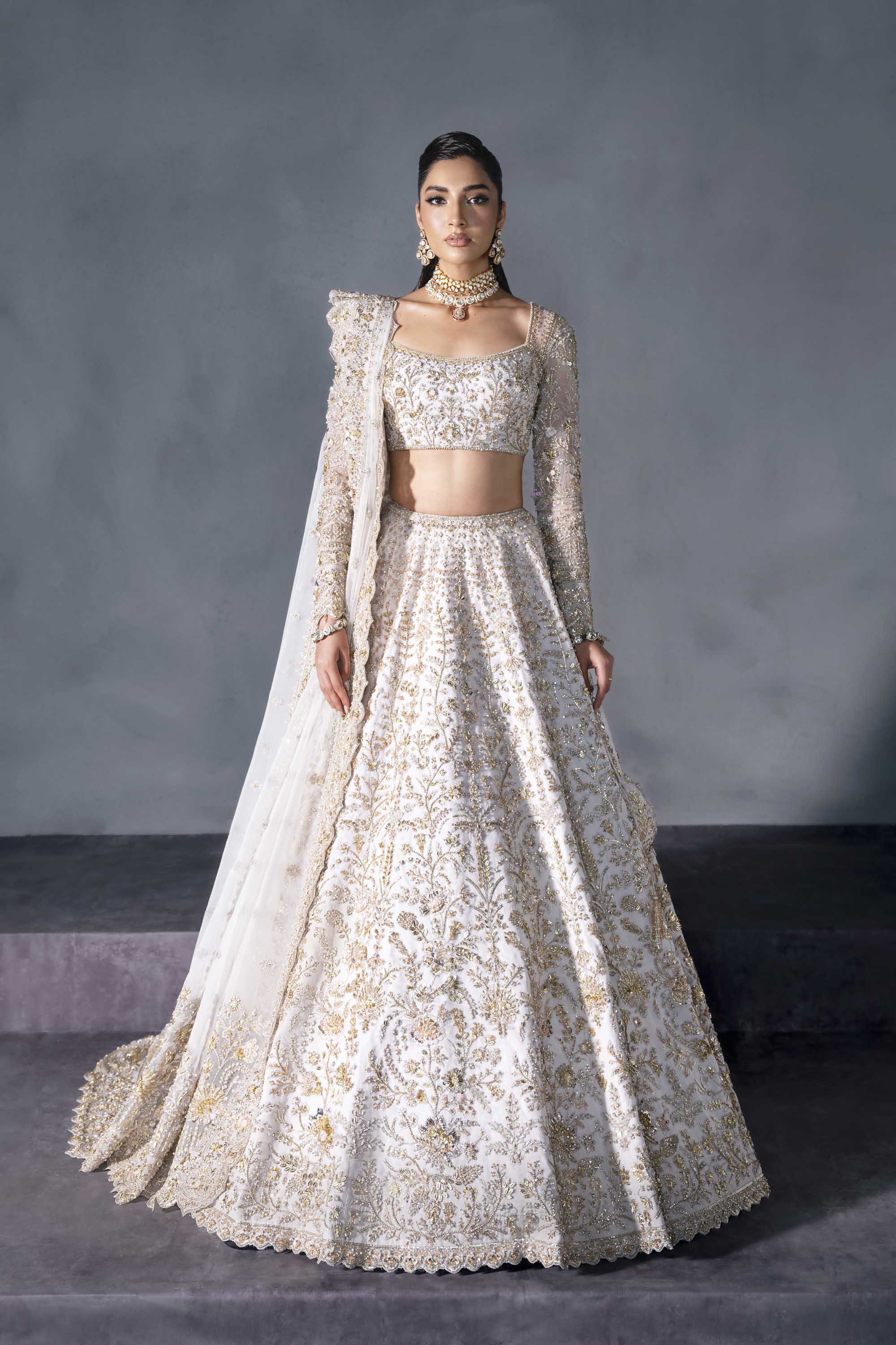 Pakistani White Gold Embroidered Silk Bridal Lehenga (3-Piece) - Image 2