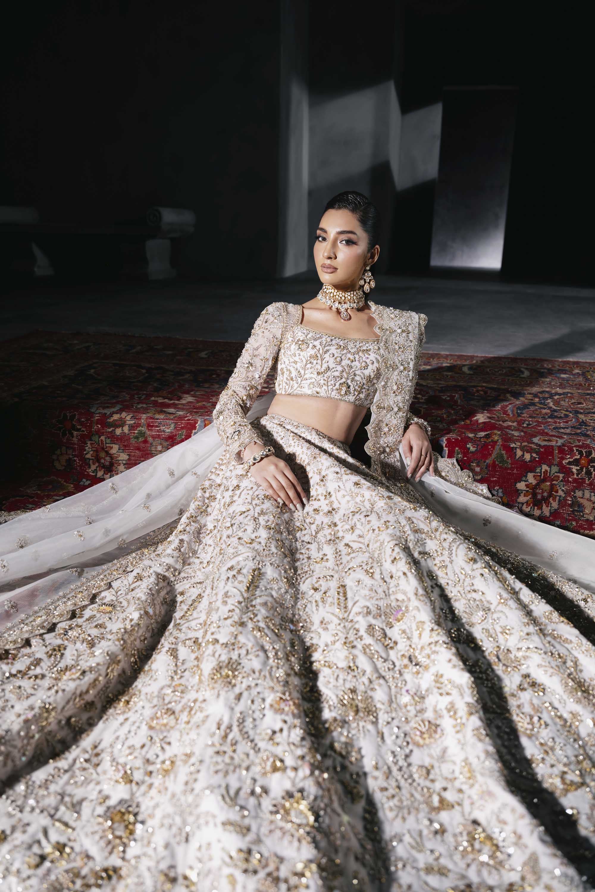 White Gold Embroidered Silk Satin Bridal Lehenga (3-Piece) - Image 10