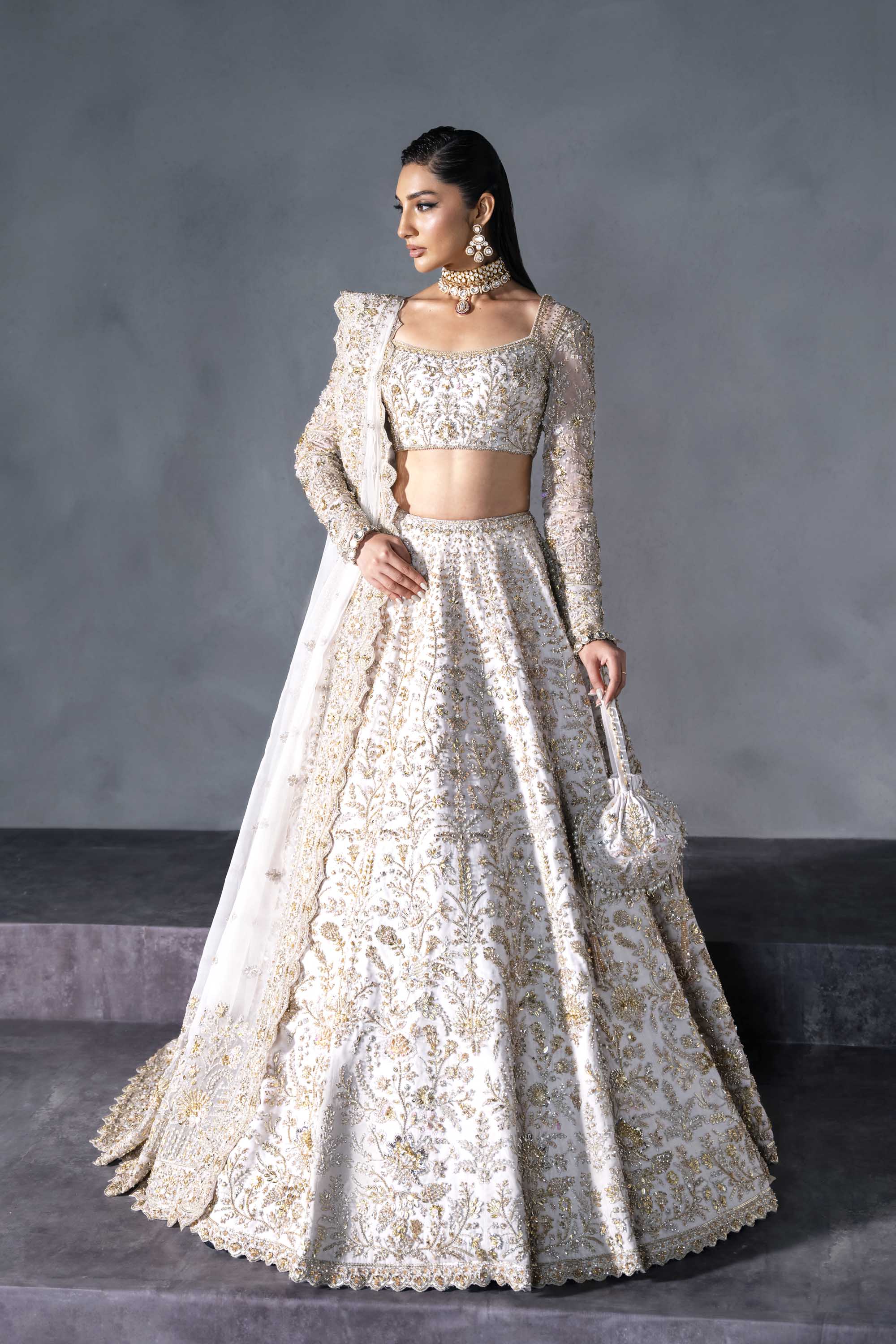 White Gold Embroidered Silk Satin Bridal Lehenga (3-Piece) - Image 3