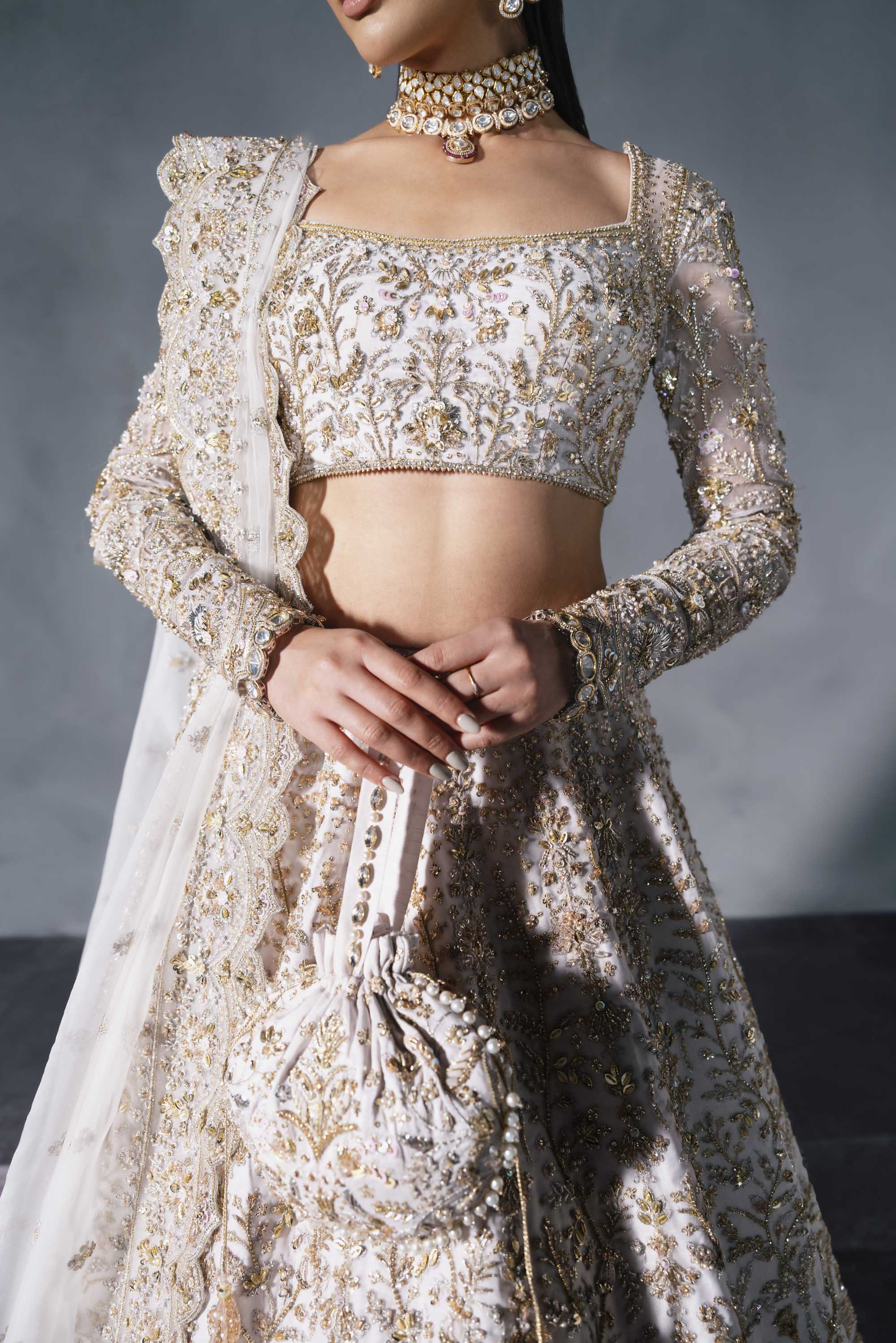 White Gold Embroidered Silk Satin Bridal Lehenga (3-Piece) - Image 4