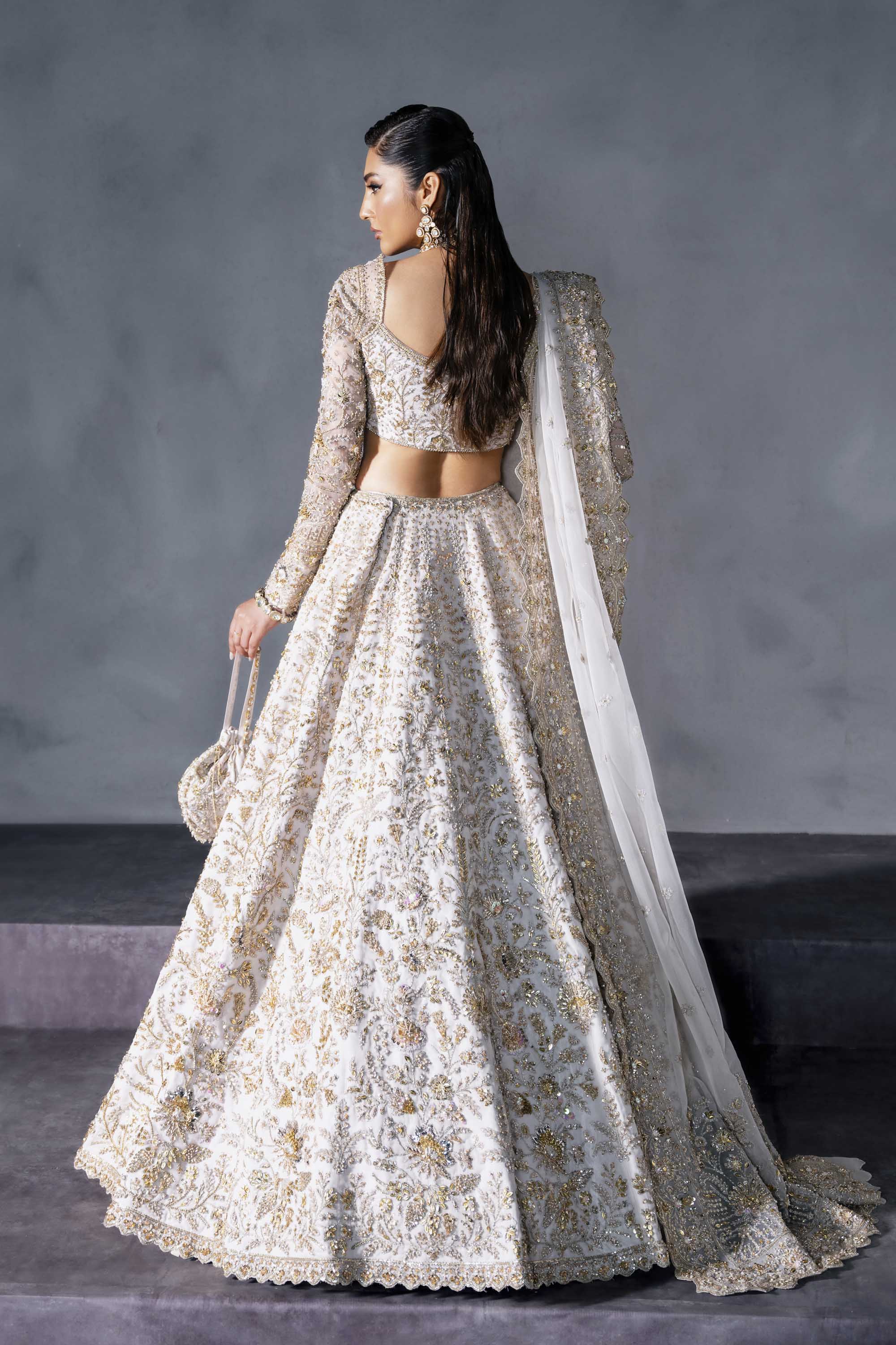 White Gold Embroidered Silk Satin Bridal Lehenga (3-Piece) - Image 5