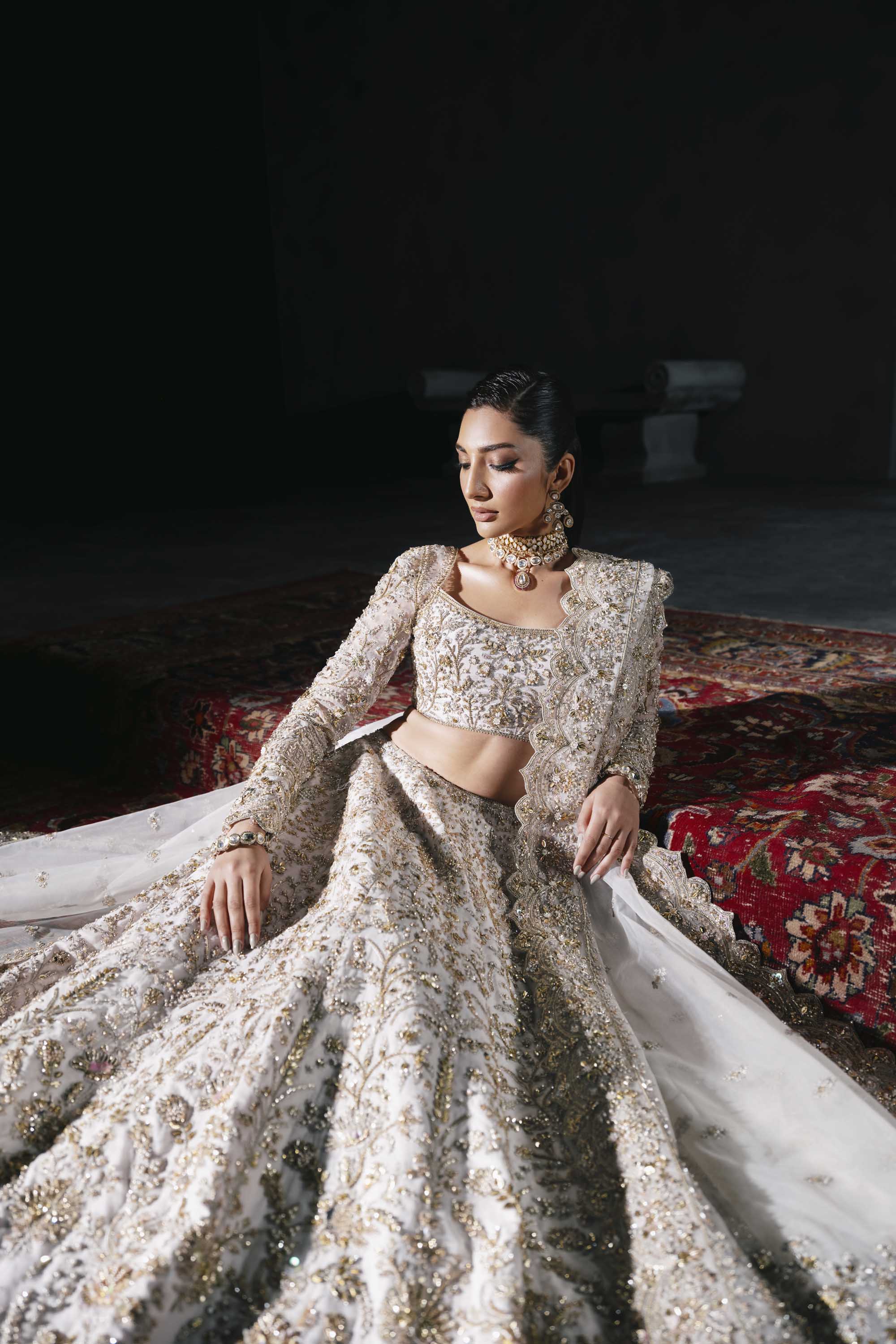 White Gold Embroidered Silk Satin Bridal Lehenga (3-Piece) - Image 8