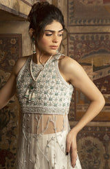 White Hand-Embroidered Net & Silk Jamawar Pishwas (3-Piece) - Image 3