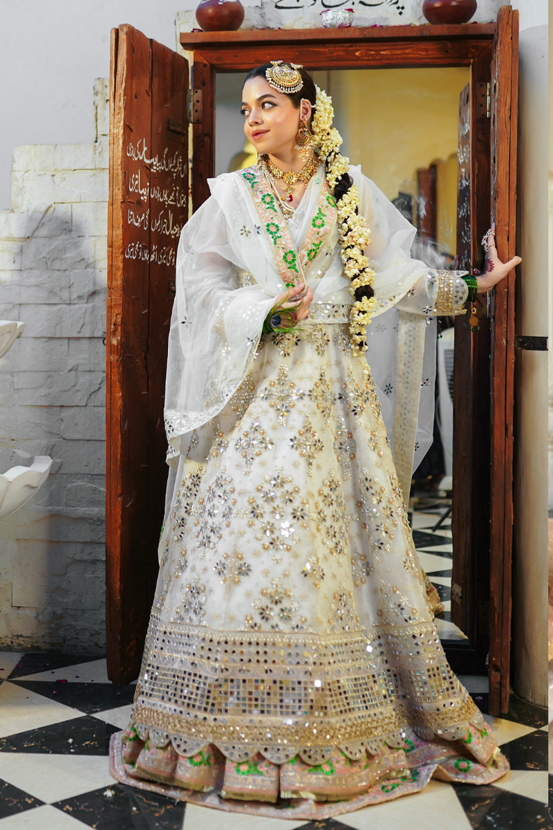 White Mirror & Sequin Silk Bridal Lehenga (3-Piece) - Image 1