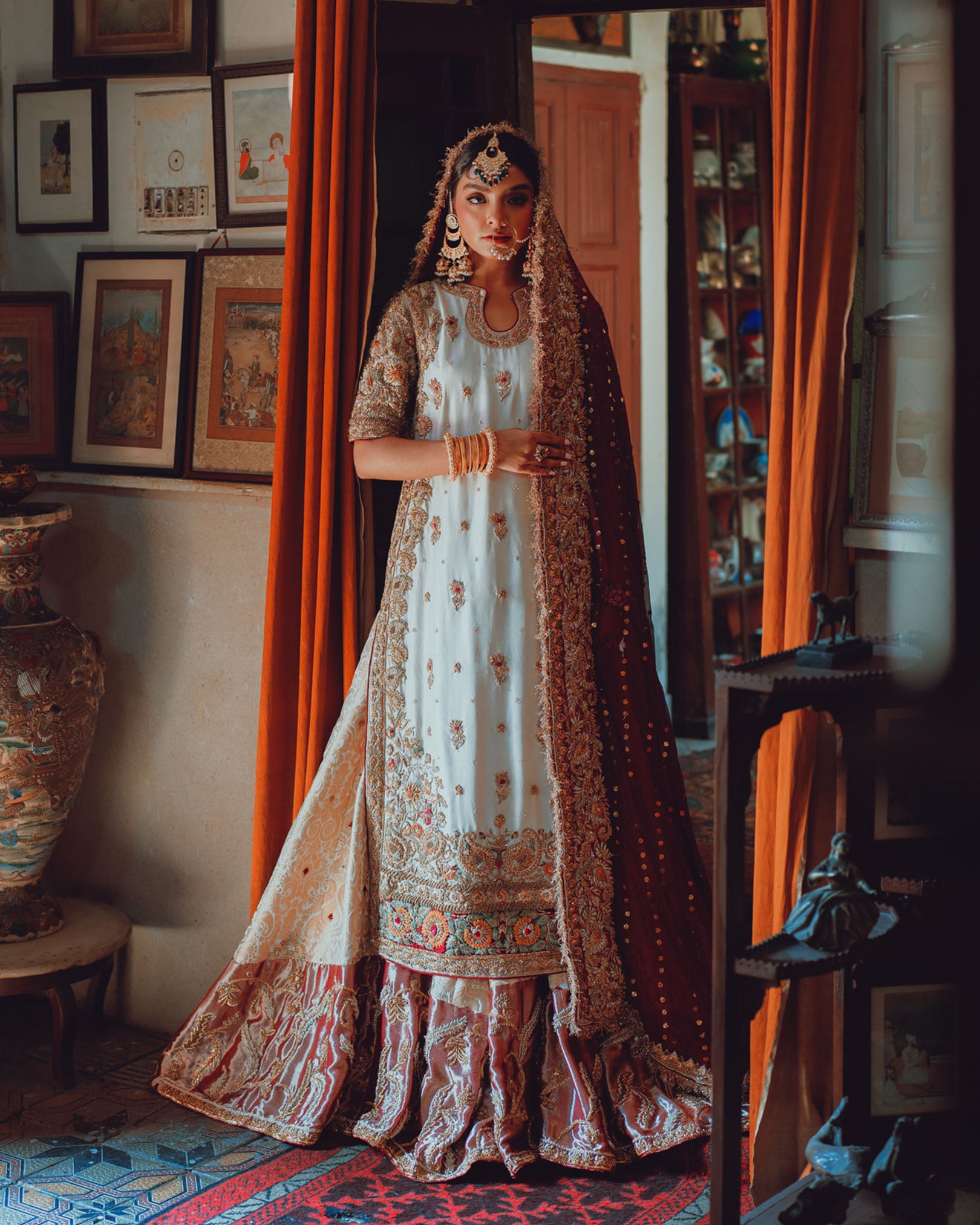 Pakistani White Embroidered Silk Farshi Lehenga (3-Piece) - Image 1