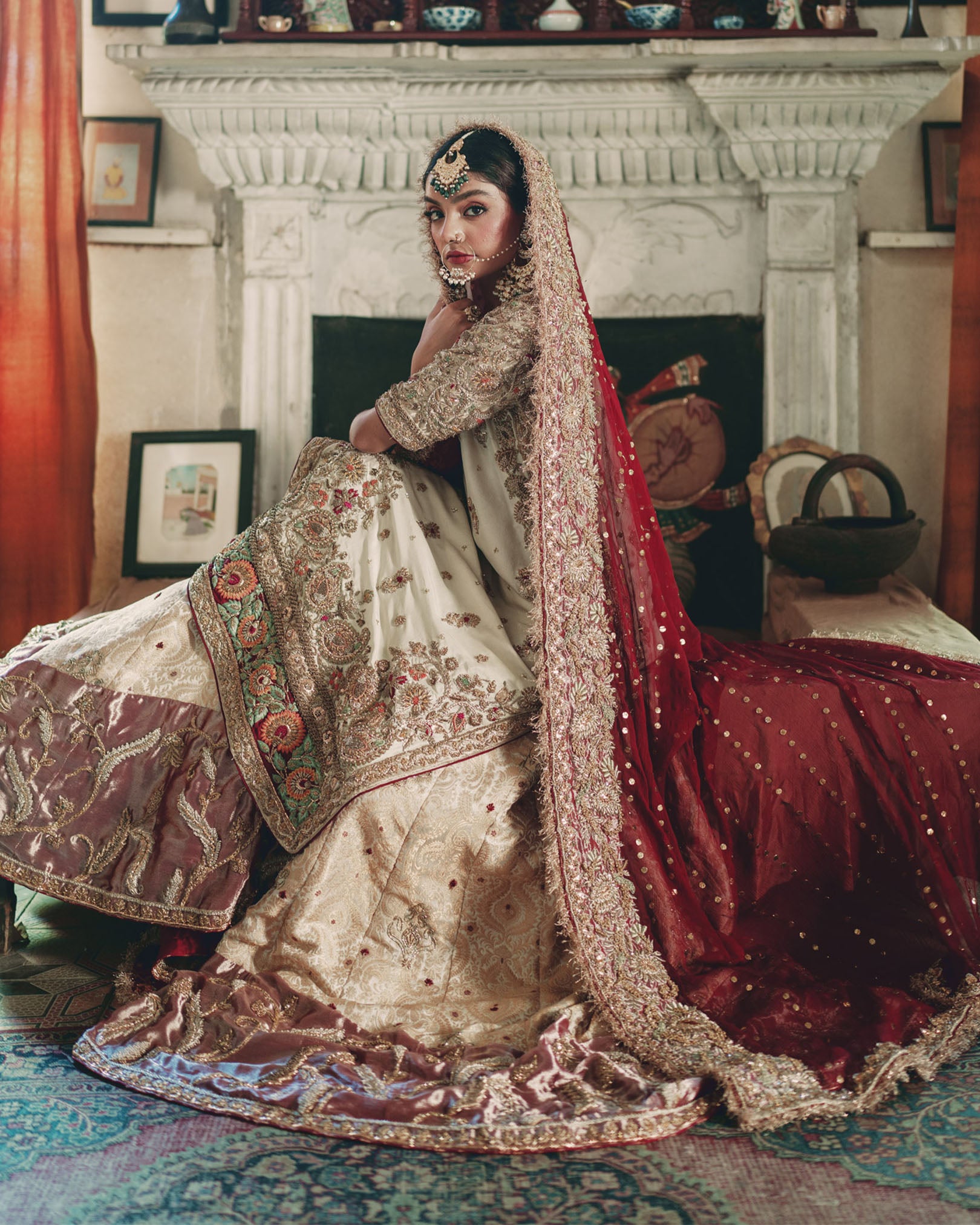 Pakistani White Embroidered Silk Farshi Lehenga (3-Piece) - Image 2