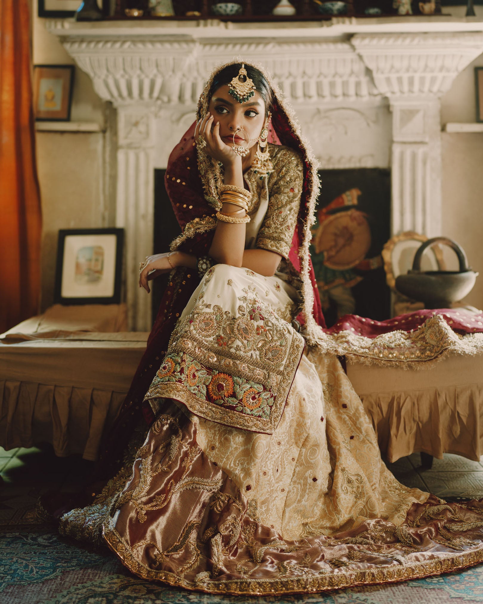 Pakistani White Embroidered Silk Farshi Lehenga (3-Piece) - Image 3