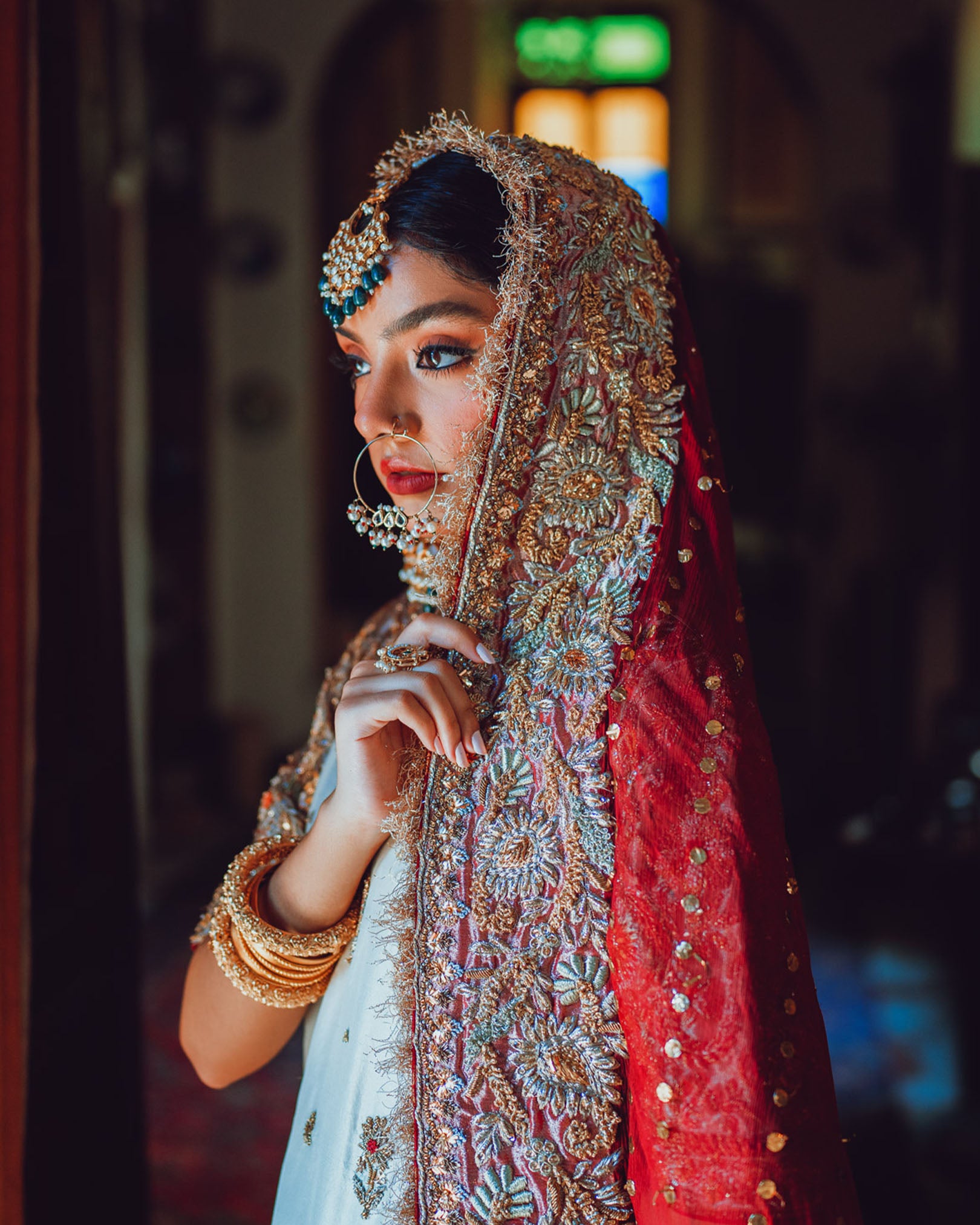 Pakistani White Embroidered Silk Farshi Lehenga (3-Piece) - Image 4