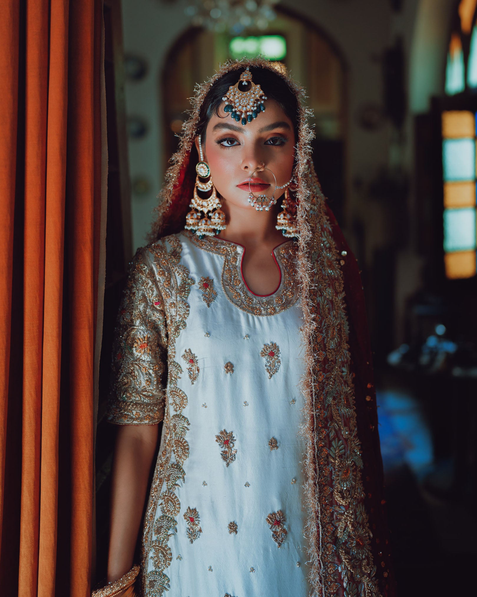 Pakistani White Embroidered Silk Farshi Lehenga (3-Piece) - Image 5
