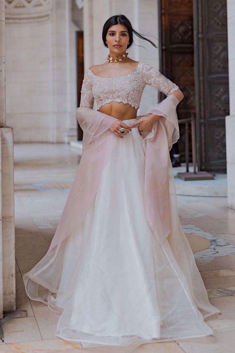 White Embellished Silk Choli & Organza Lehenga (3-Piece) - Image 1
