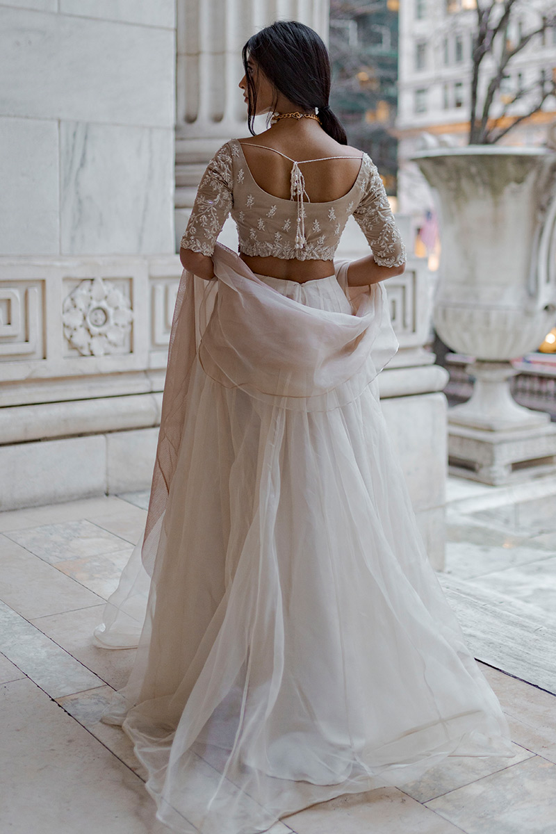 White Embellished Silk Choli & Organza Lehenga (3-Piece) - Image 6
