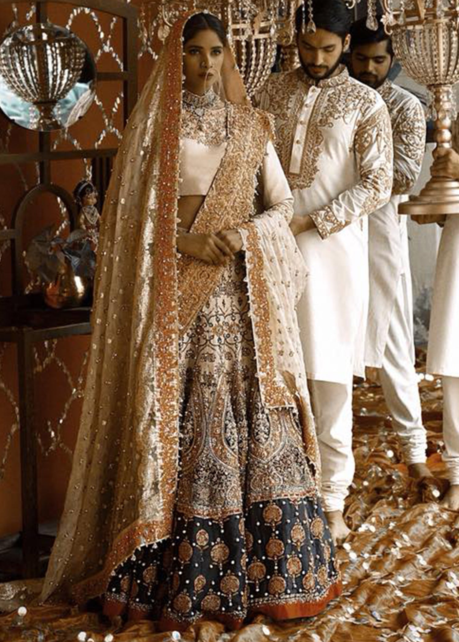 Pakistani White Gold Zari Dabka Silk Bridal Lehenga (3-Piece) - Image 1