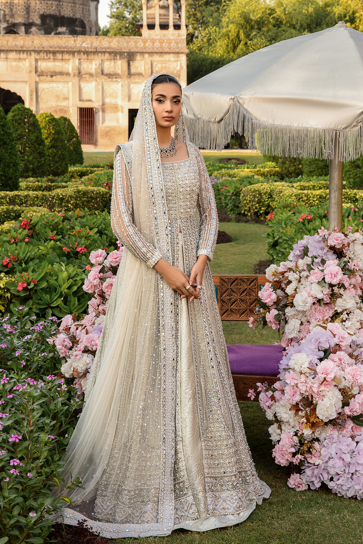 Pakistani White Pearl & Crystal Net Gown (3-Piece) - Image 1