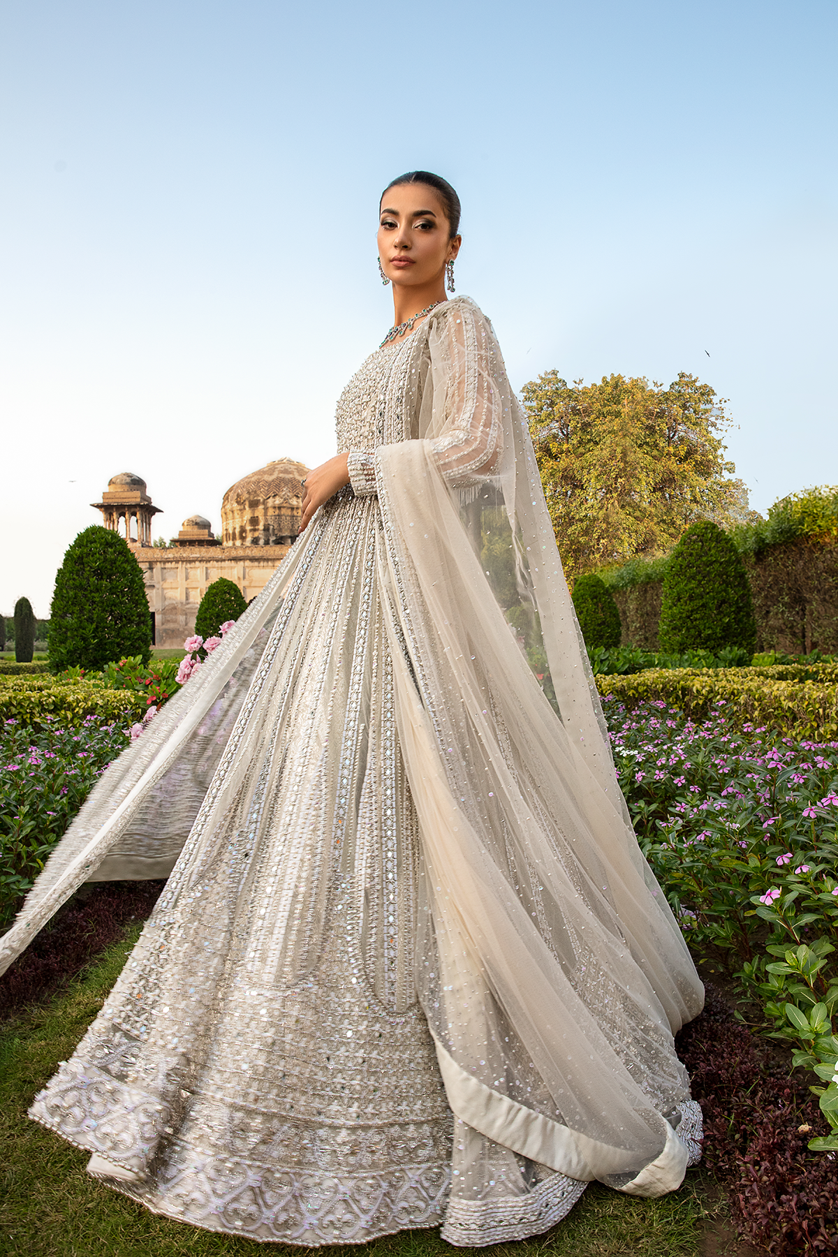 Pakistani White Pearl & Crystal Net Gown (3-Piece) - Image 4