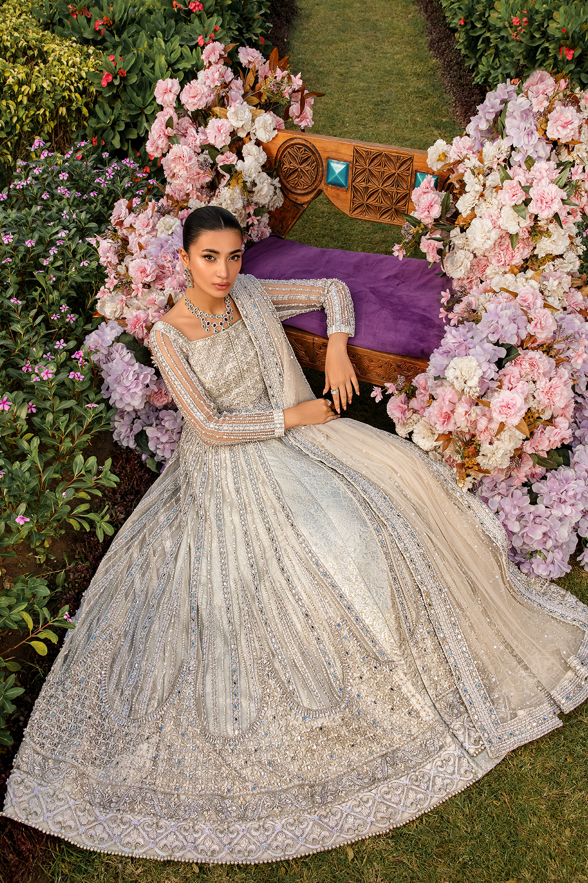 Pakistani White Pearl & Crystal Net Gown (3-Piece) - Image 7