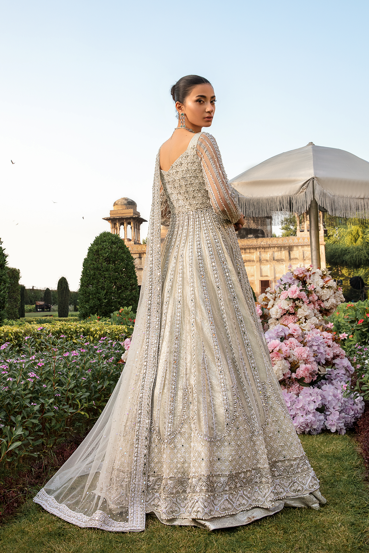 Pakistani White Embellished Net Gown with Silk Zari Lehenga (3-Piece) - Image 2