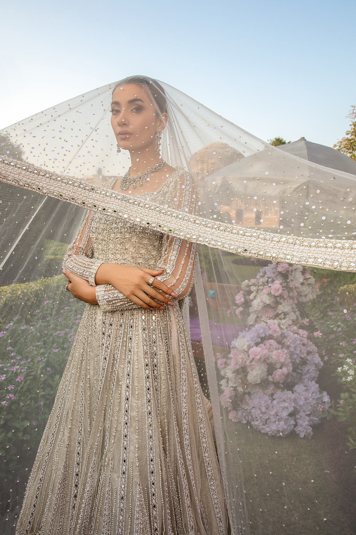 Pakistani White Embellished Net Gown with Silk Zari Lehenga (3-Piece) - Image 3