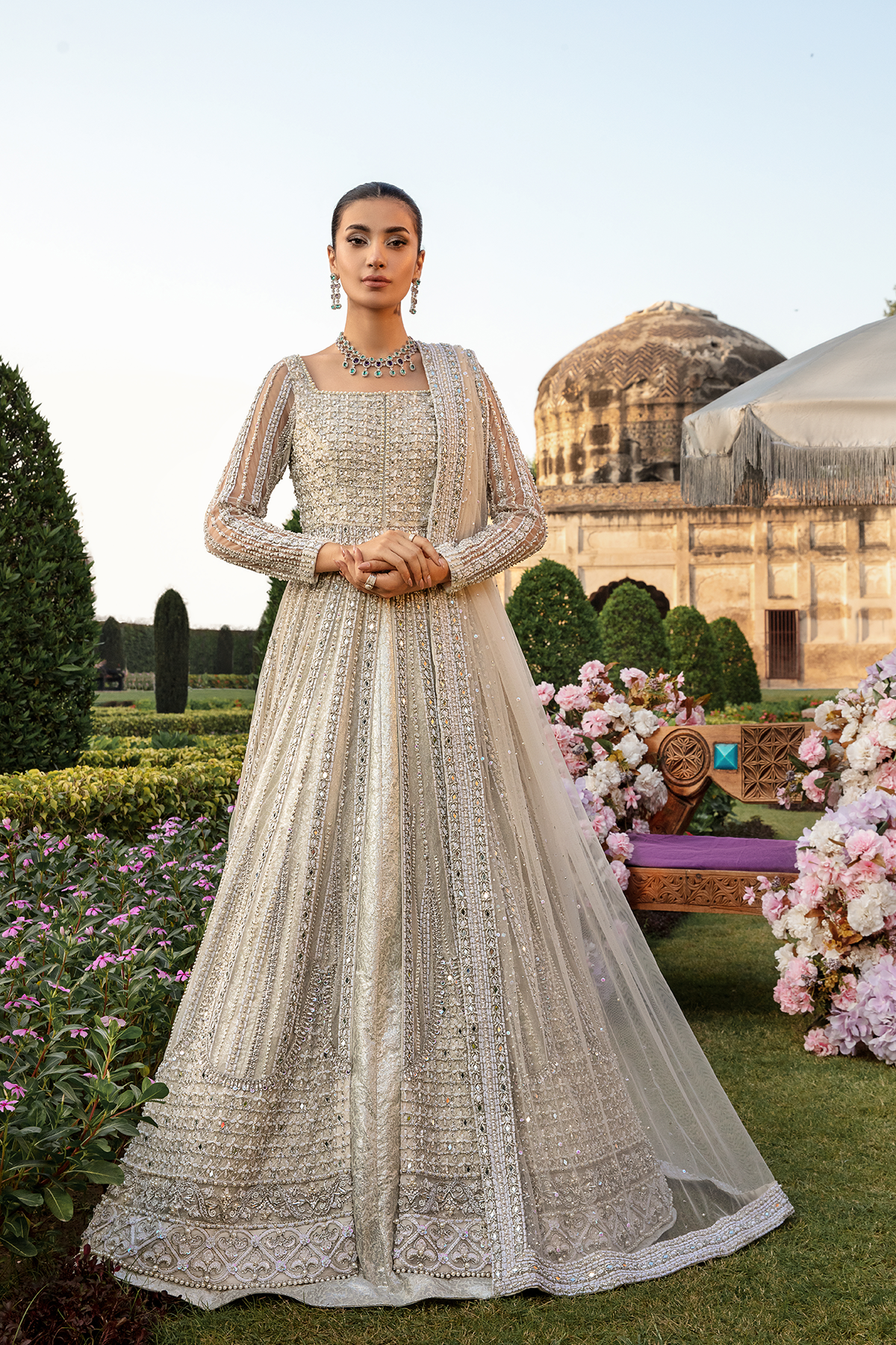 Pakistani White Embellished Net Gown with Silk Zari Lehenga (3-Piece) - Image 5
