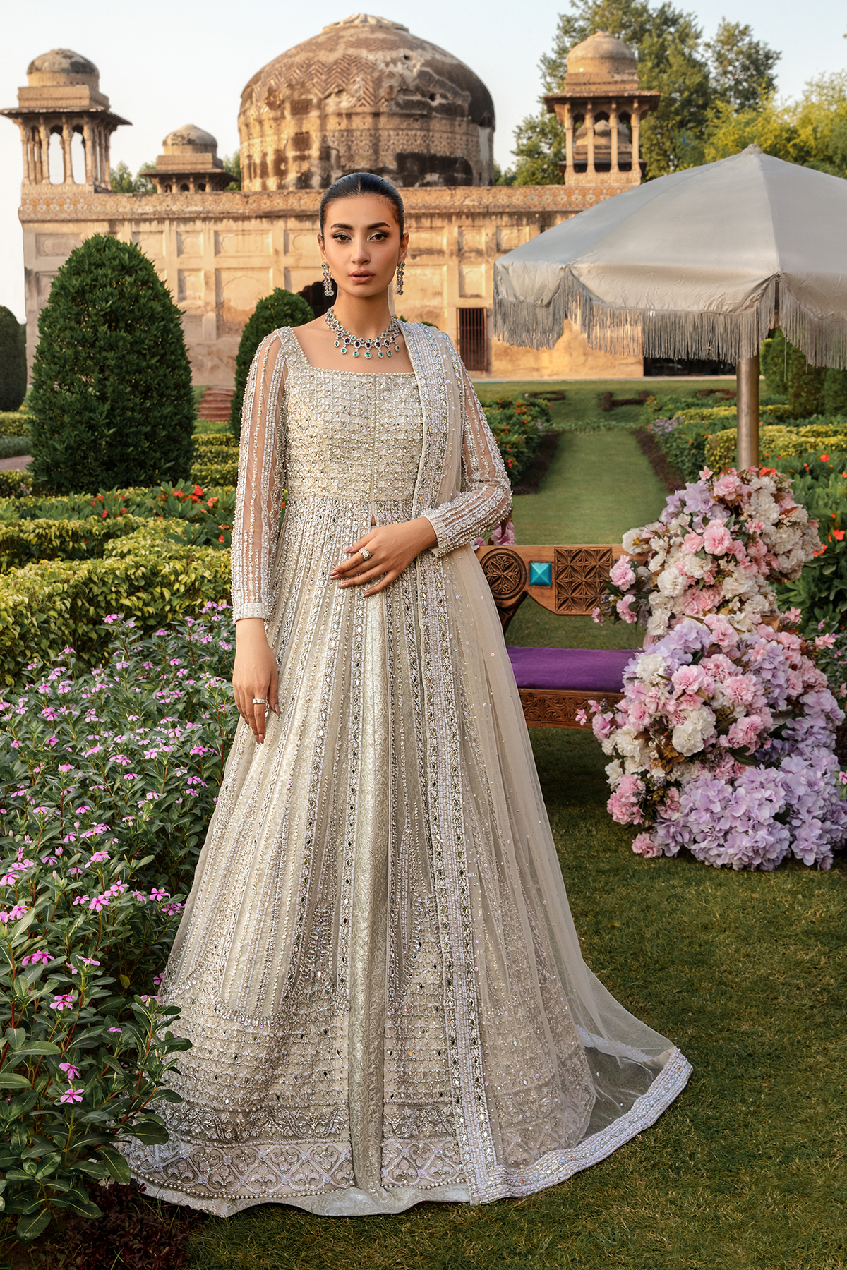 Pakistani White Embellished Net Gown with Silk Zari Lehenga (3-Piece) - Image 6