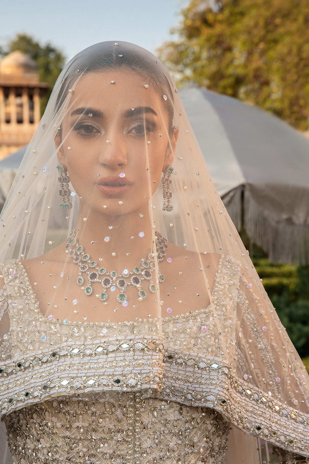 Pakistani White Embellished Net Gown with Silk Zari Lehenga (3-Piece) - Image 8