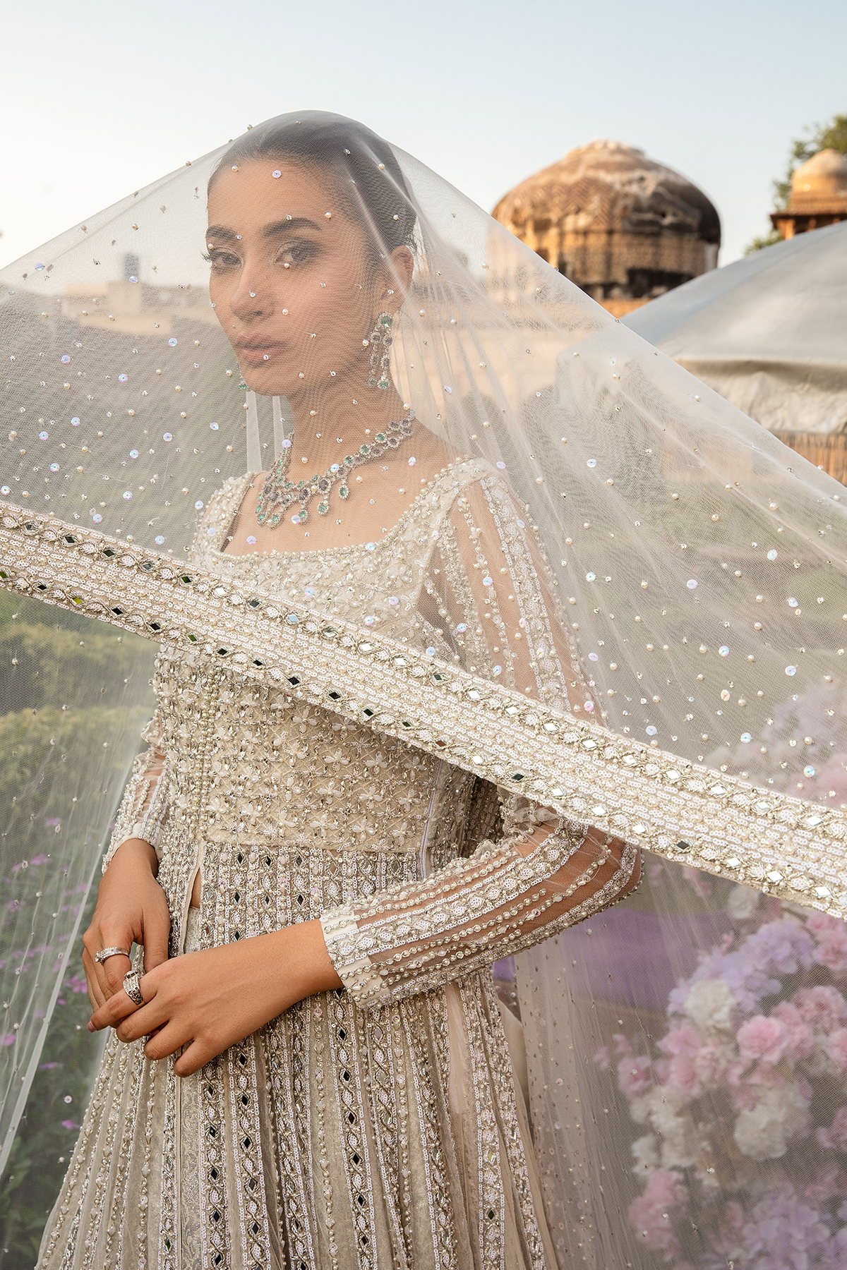 Pakistani White Embellished Net Gown with Silk Zari Lehenga (3-Piece) - Image 9