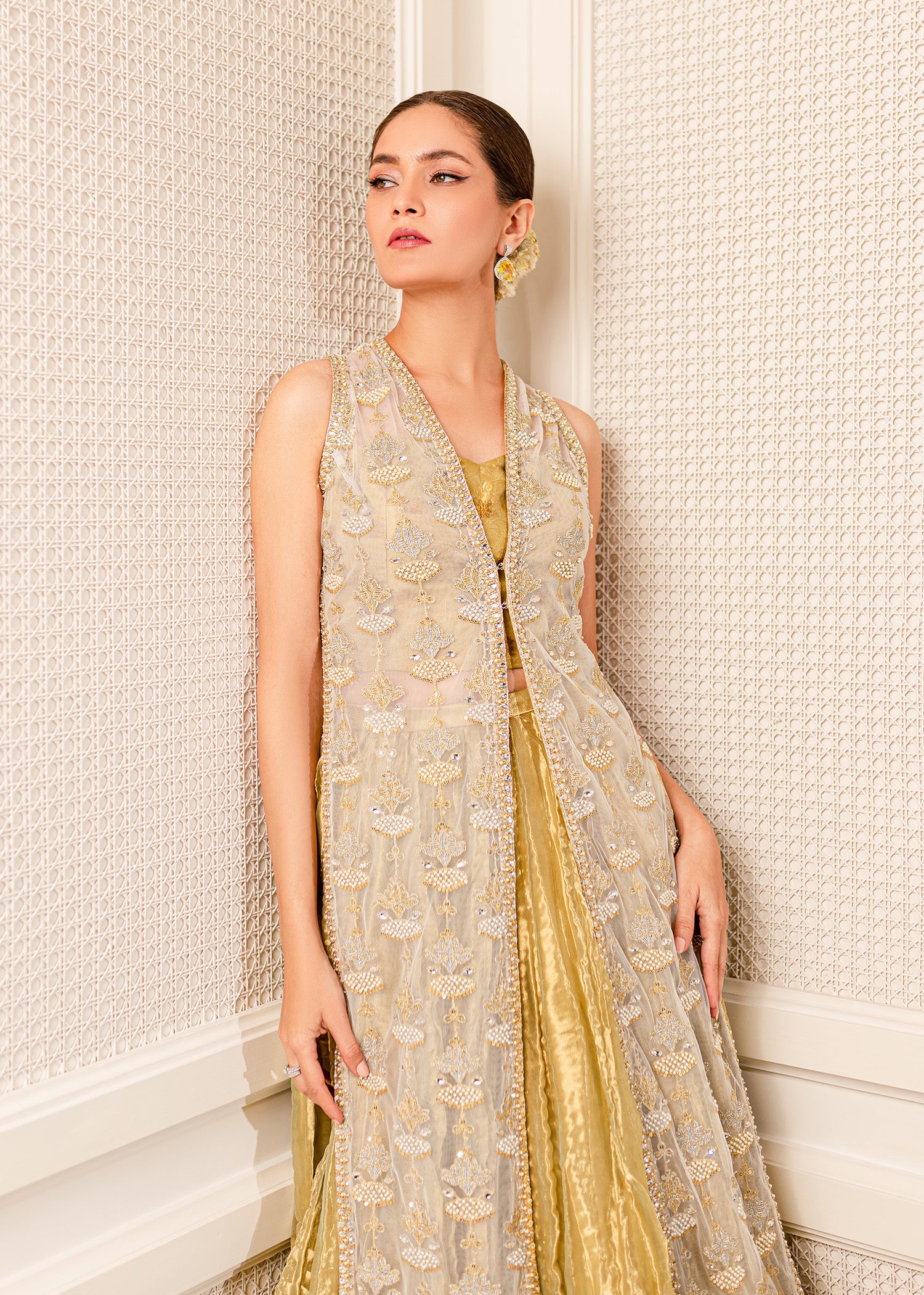 White Embroidered Net and Tissue Lehenga (3-Piece) - Image 4