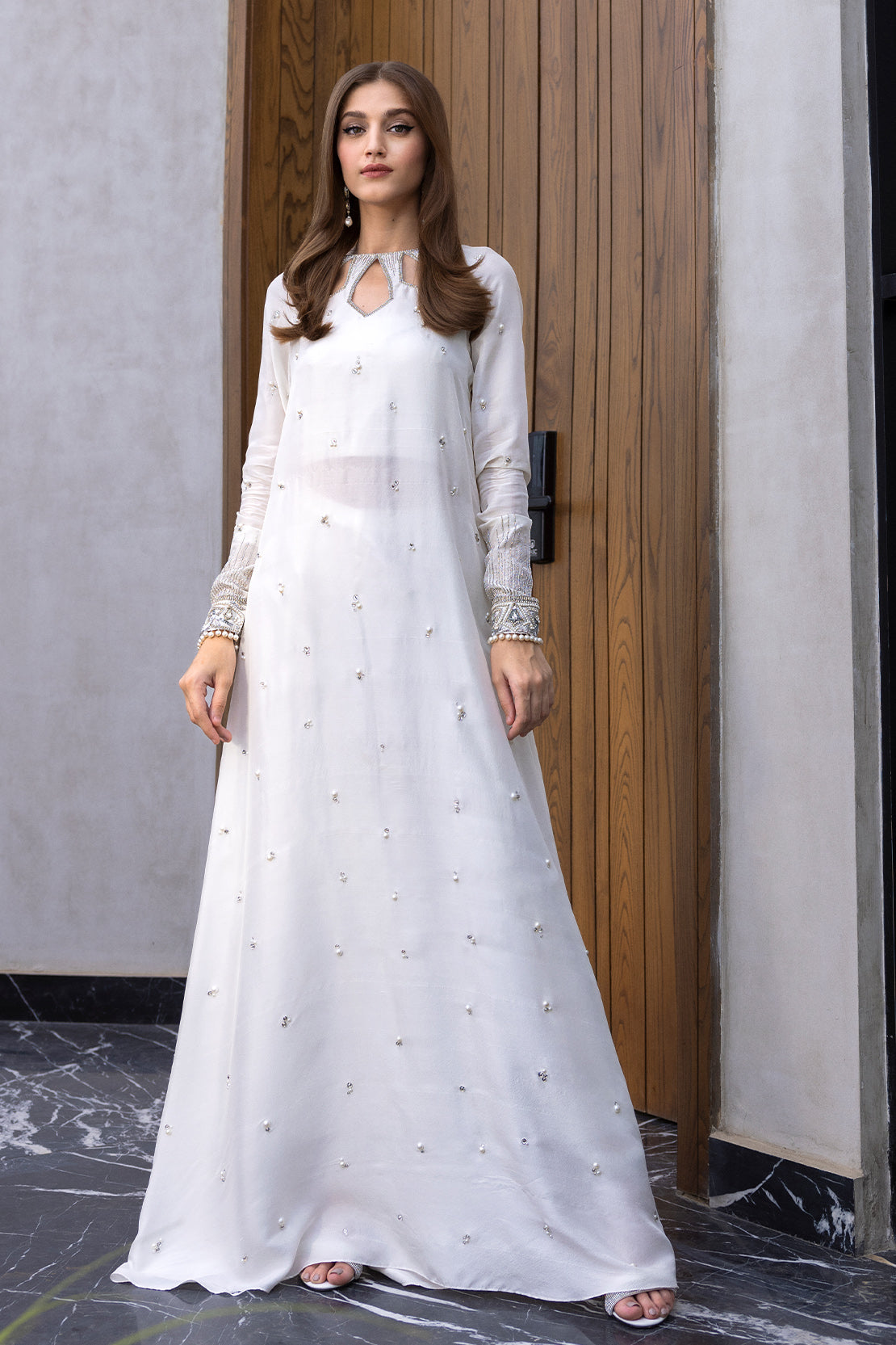 Pakistani White Swarovski Embellished Raw Silk Maxi Dress (2-Piece) - Image 1