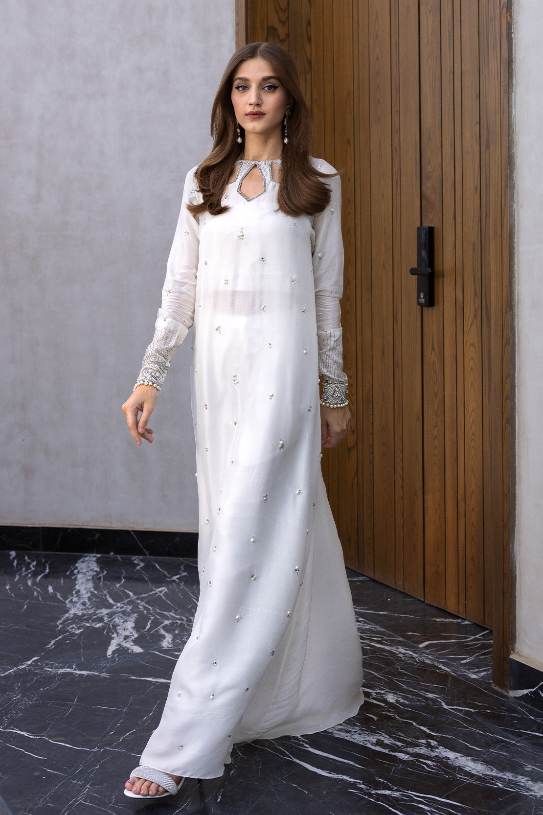 Pakistani White Swarovski Embellished Raw Silk Maxi Dress (2-Piece) - Image 3