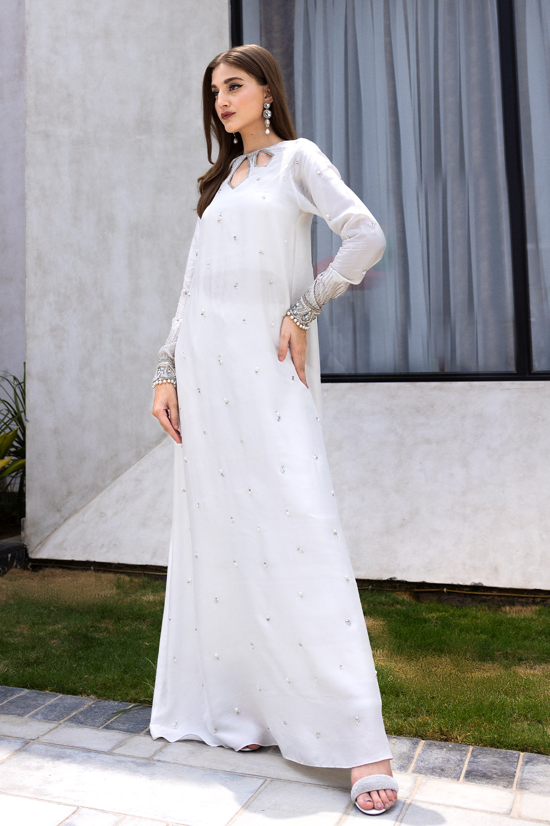 Pakistani White Swarovski Embellished Raw Silk Maxi Dress (2-Piece) - Image 4