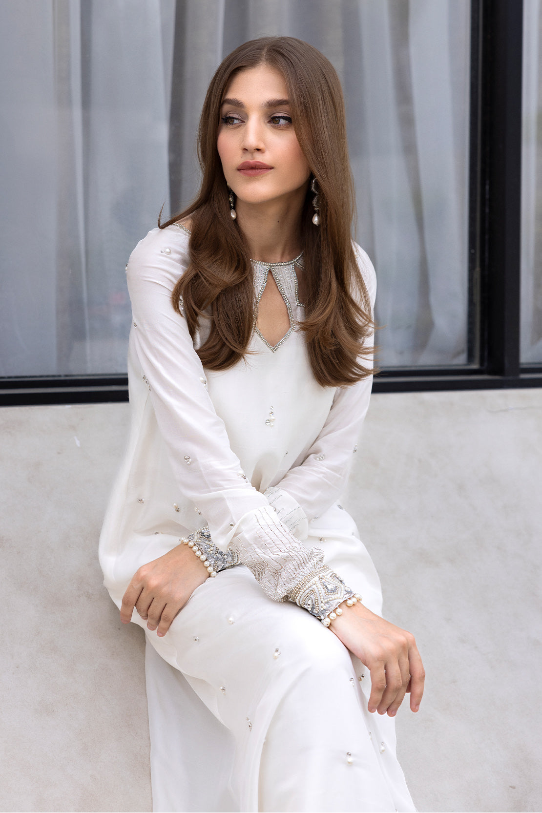 Pakistani White Swarovski Embellished Raw Silk Maxi Dress (2-Piece) - Image 6