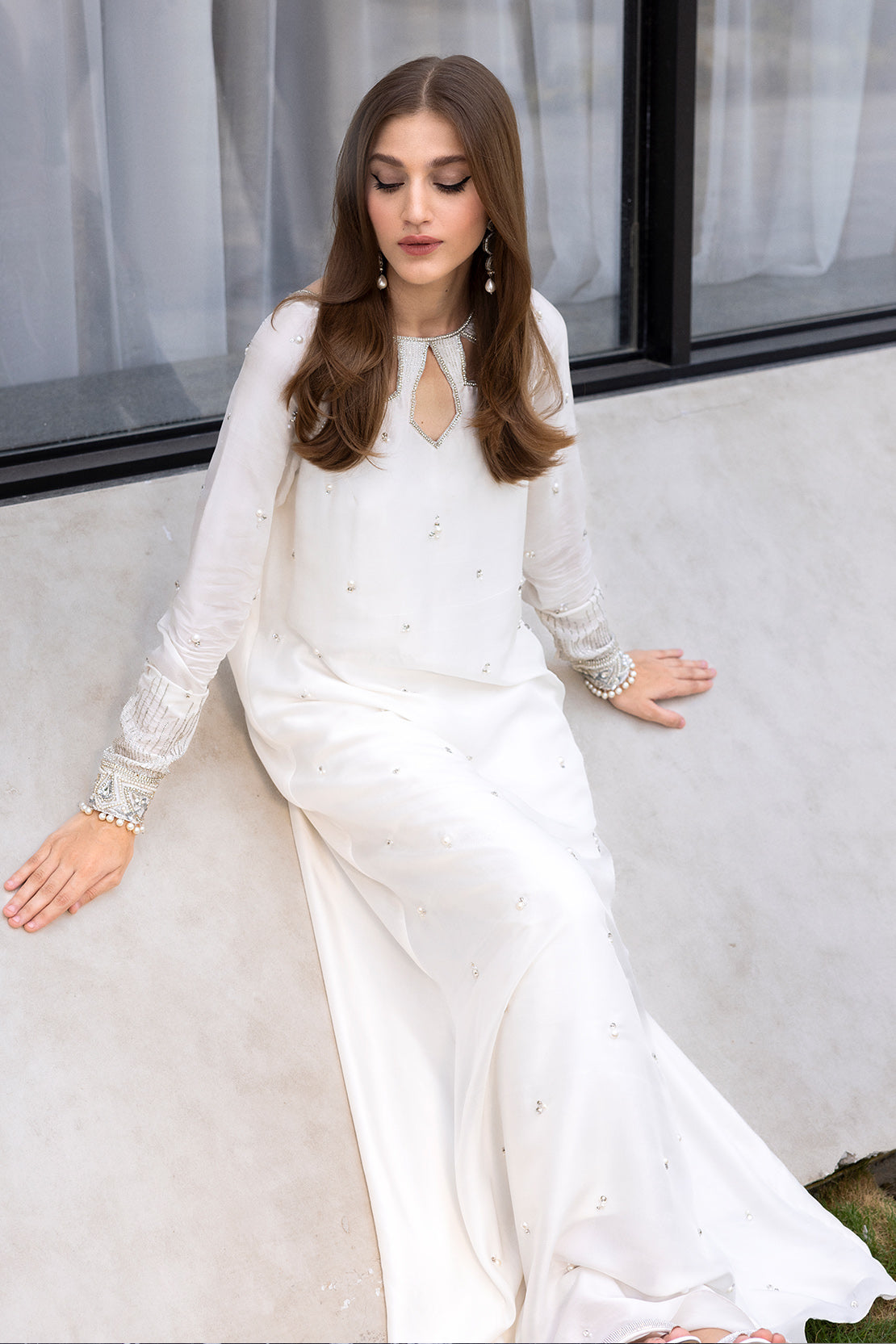 Pakistani White Swarovski Embellished Raw Silk Maxi Dress (2-Piece) - Image 7