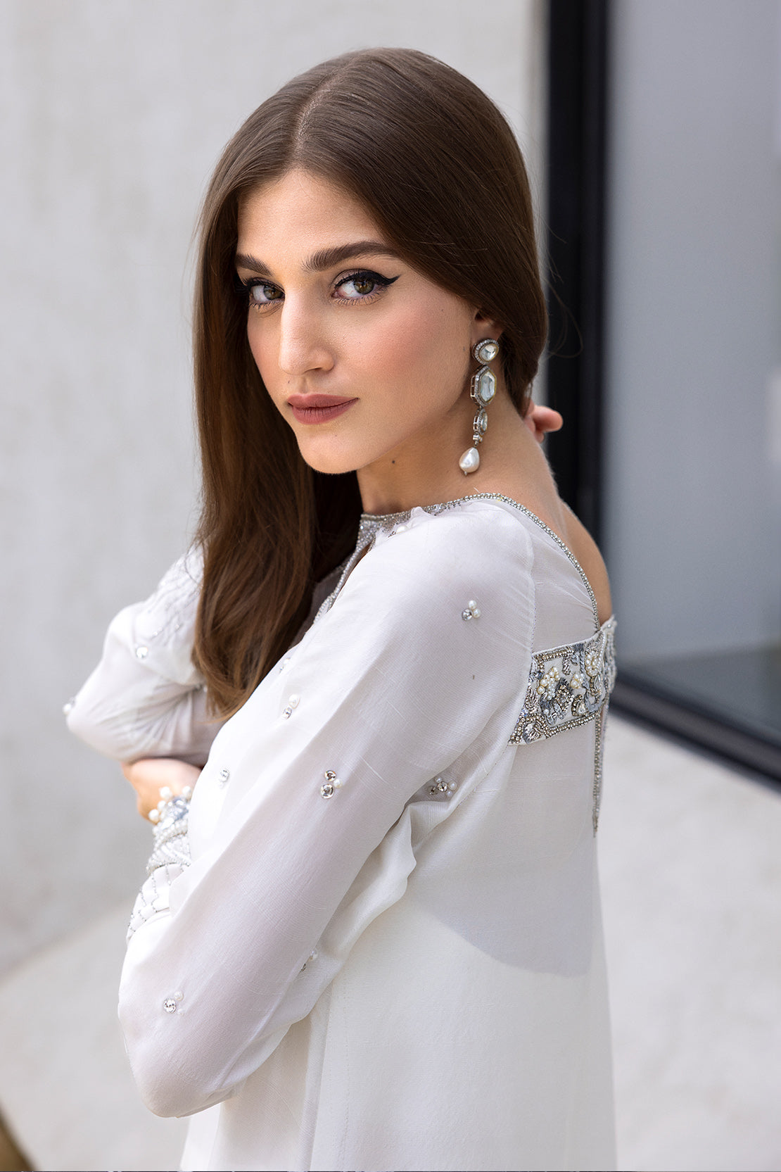 Pakistani White Swarovski Embellished Raw Silk Maxi Dress (2-Piece) - Image 8