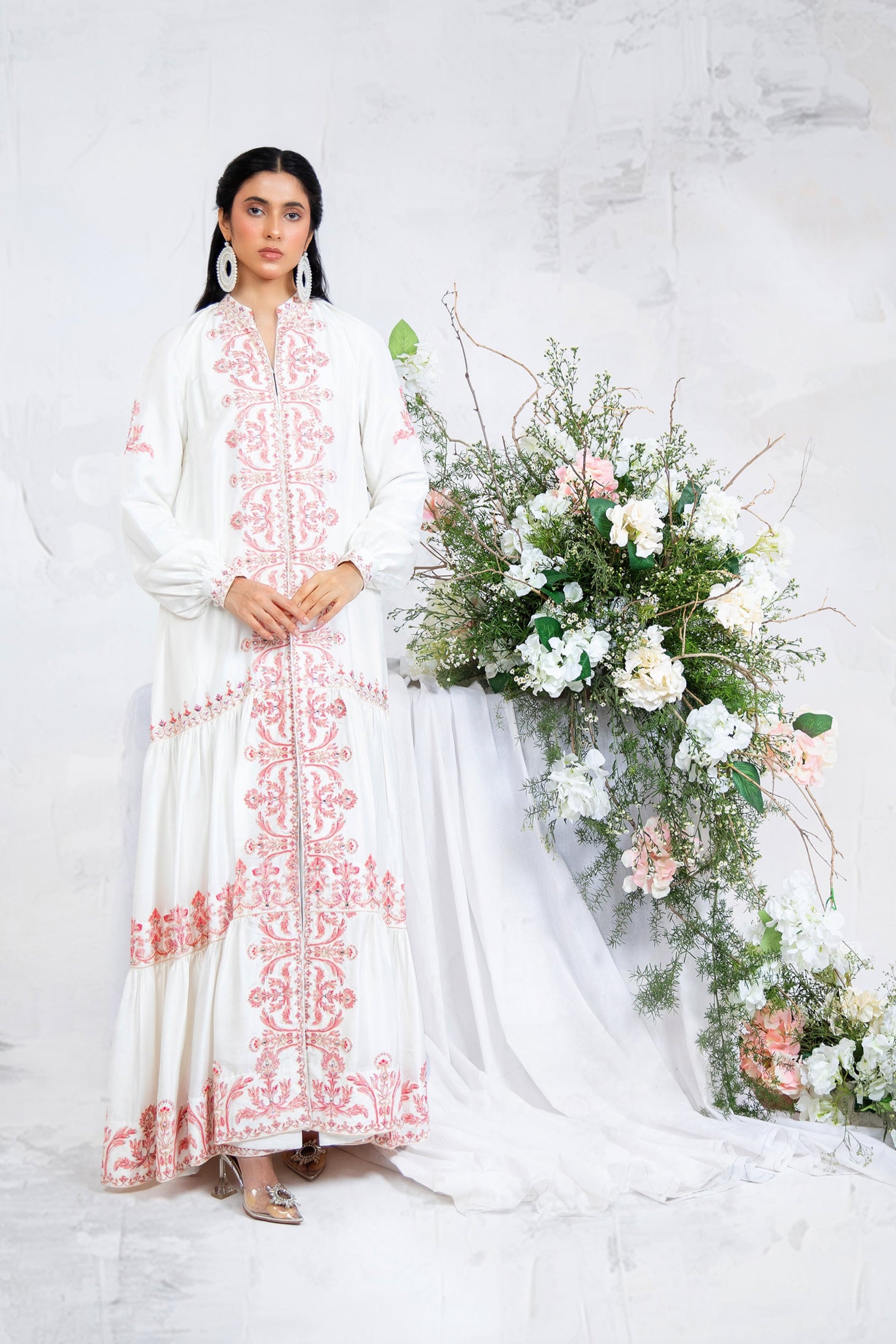 Pakistani Powder White Embroidered Silk Maxi Dress (1-Pc) - Image 1