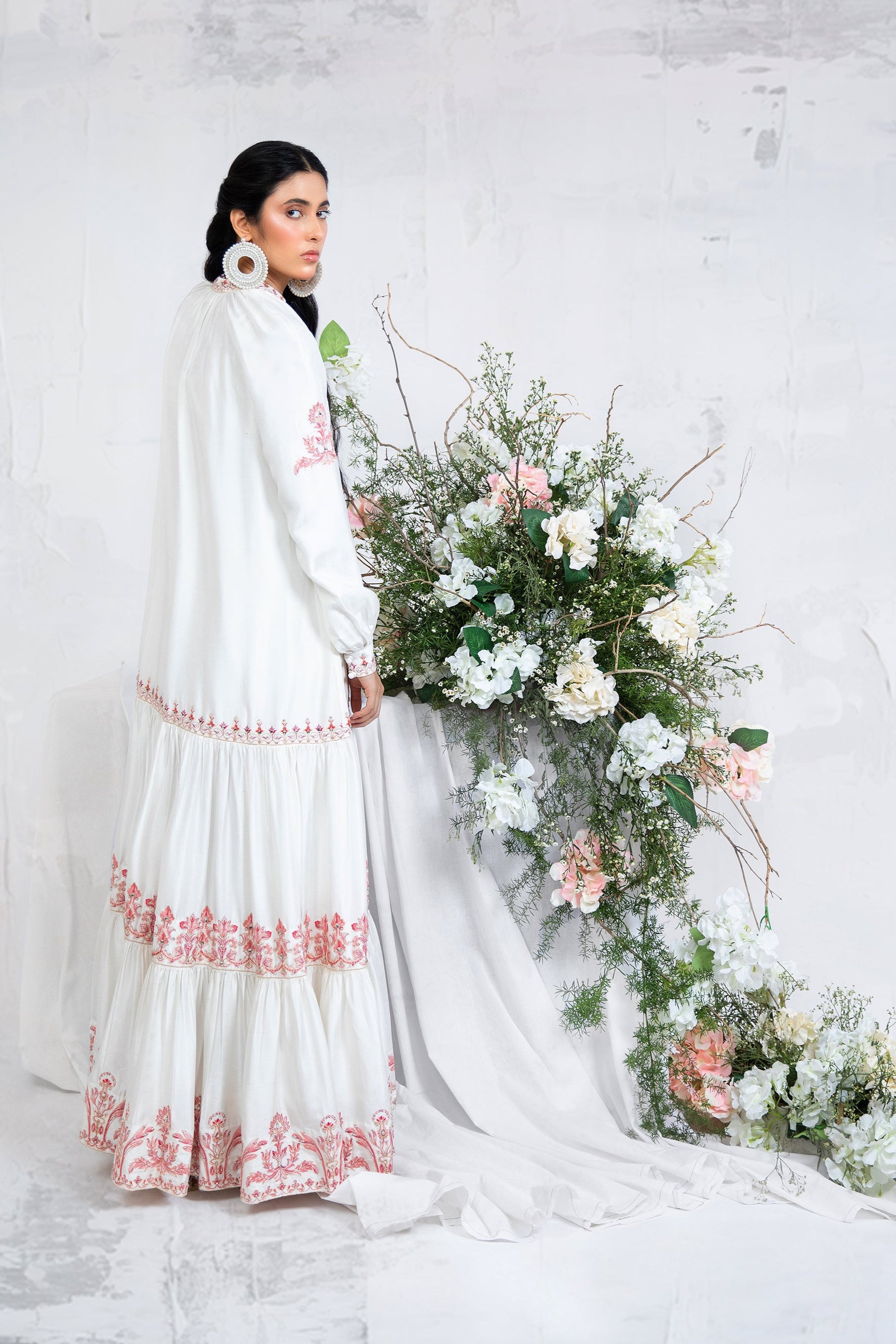 Pakistani Powder White Embroidered Silk Maxi Dress (1-Pc) - Image 2