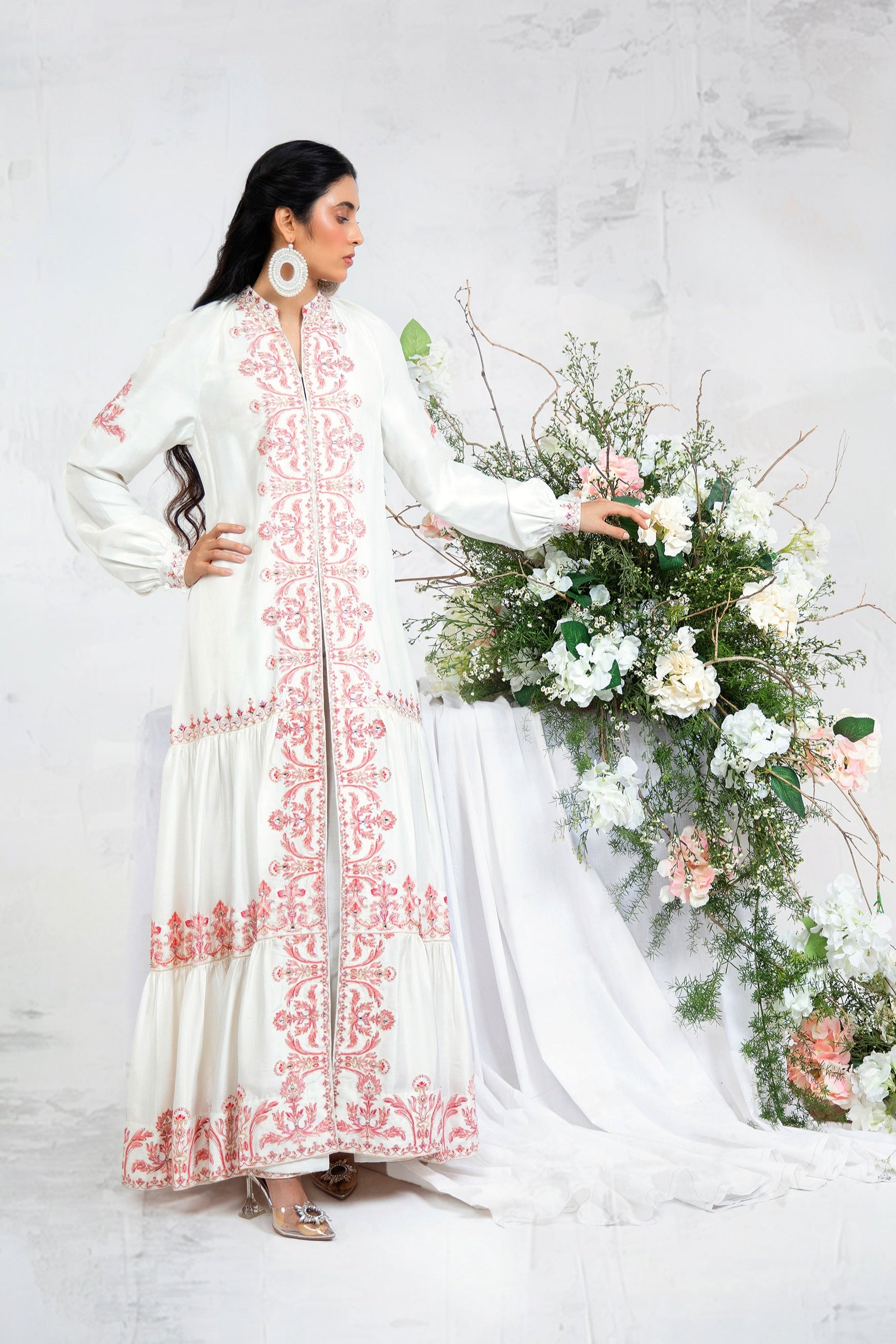 Pakistani Powder White Embroidered Silk Maxi Dress (1-Pc) - Image 3
