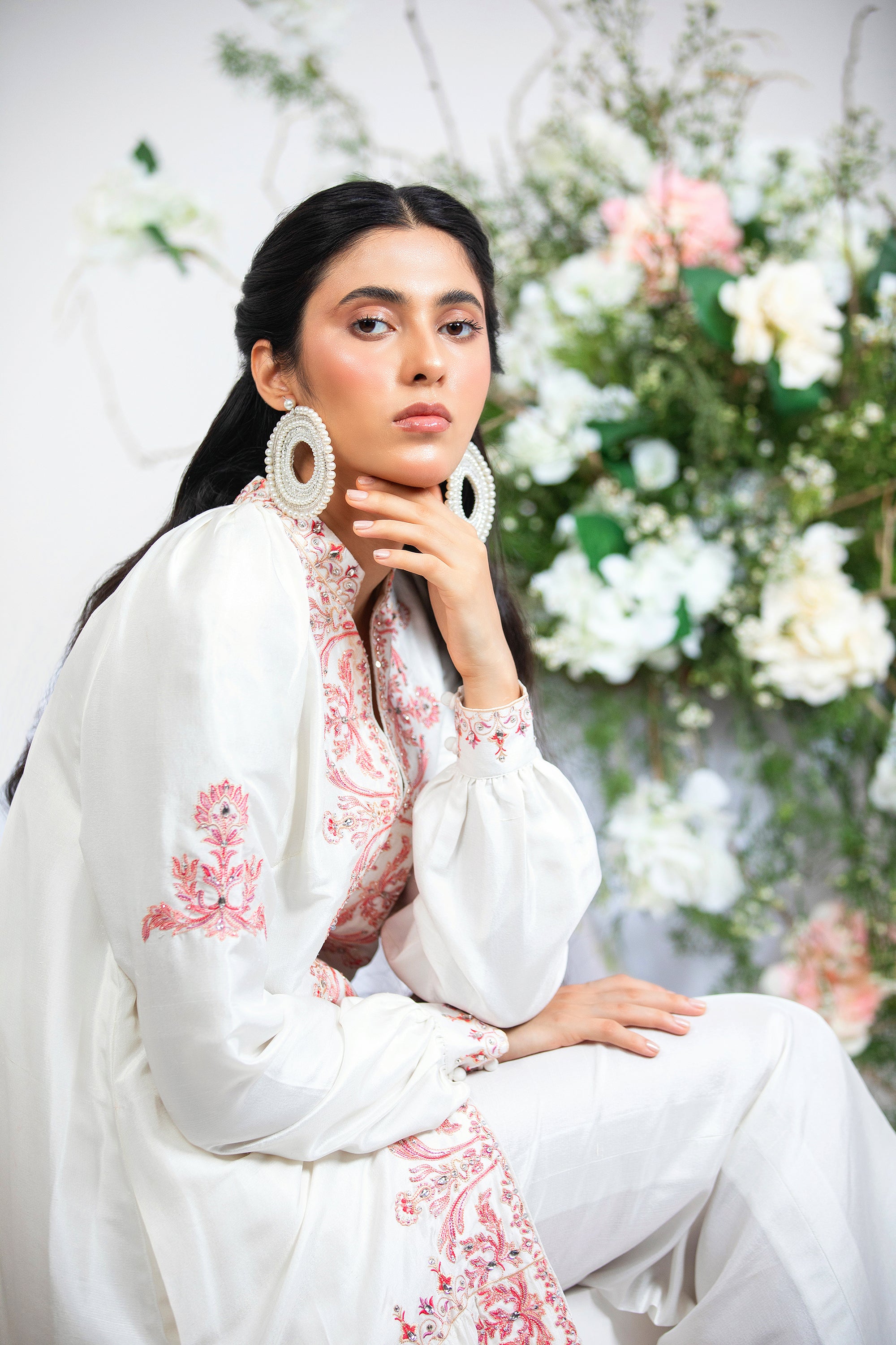 Pakistani Powder White Embroidered Silk Maxi Dress (1-Pc) - Image 4