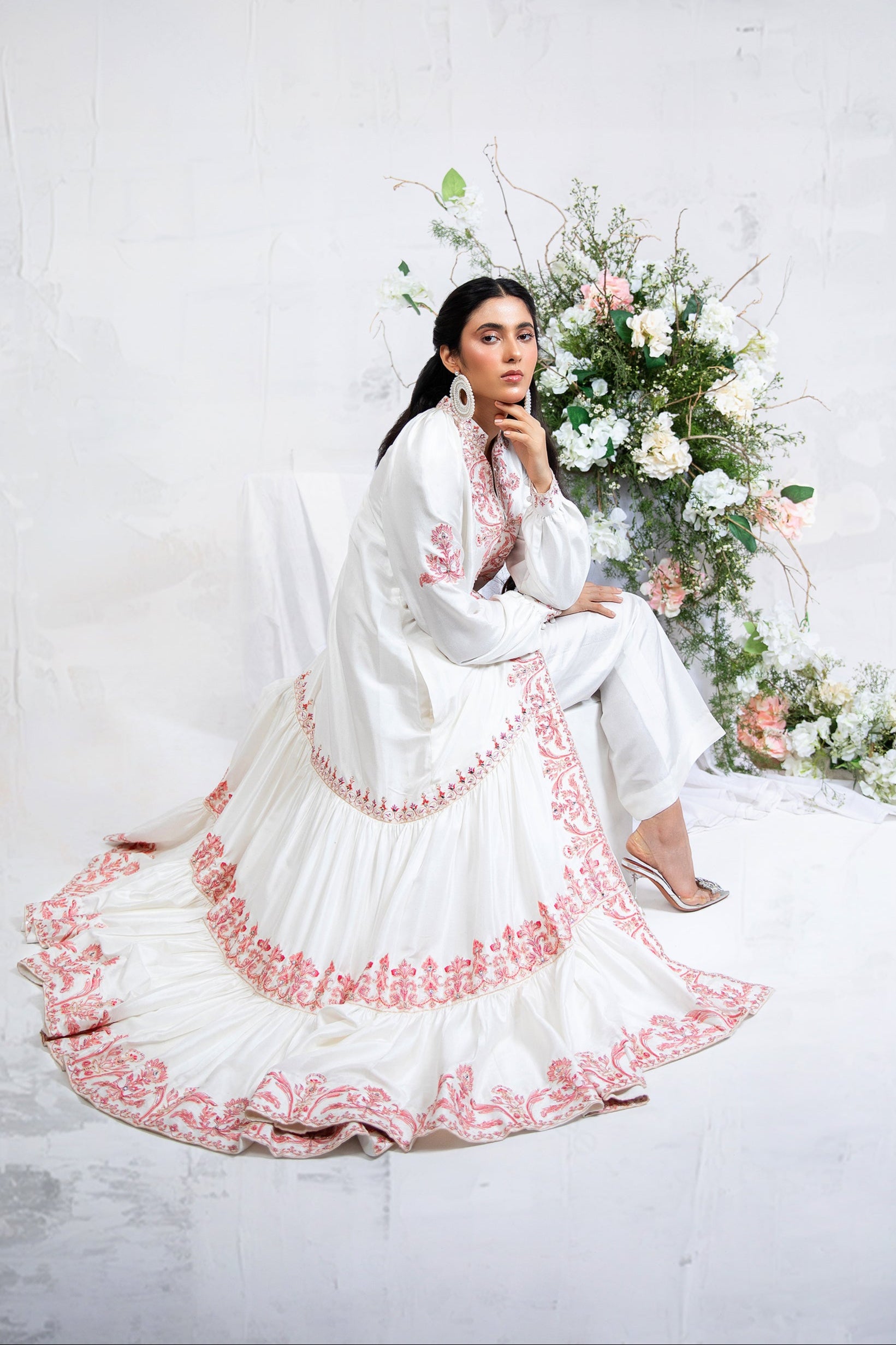 Pakistani Powder White Embroidered Silk Maxi Dress (1-Pc) - Image 5