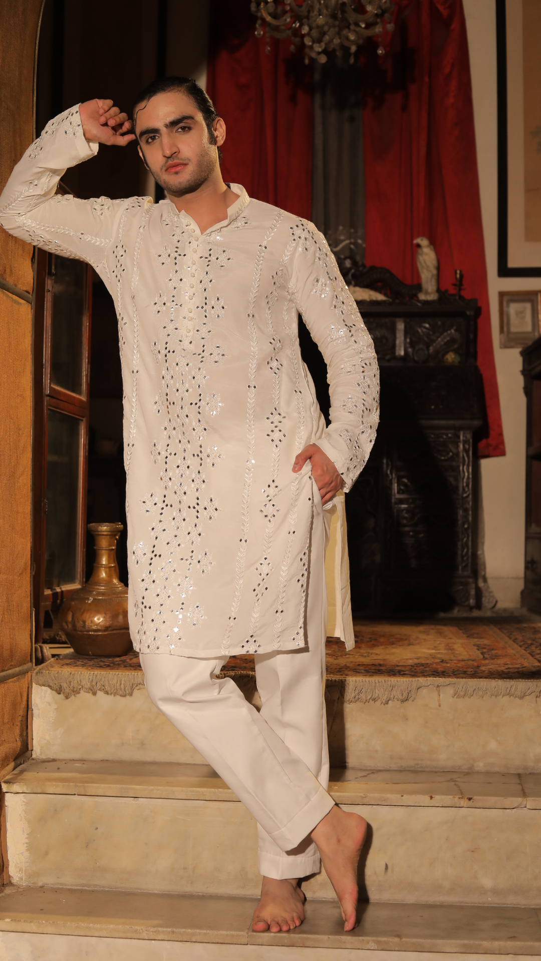 White Mirror Work Chanderi Kurta (2-Piece) - Image 1
