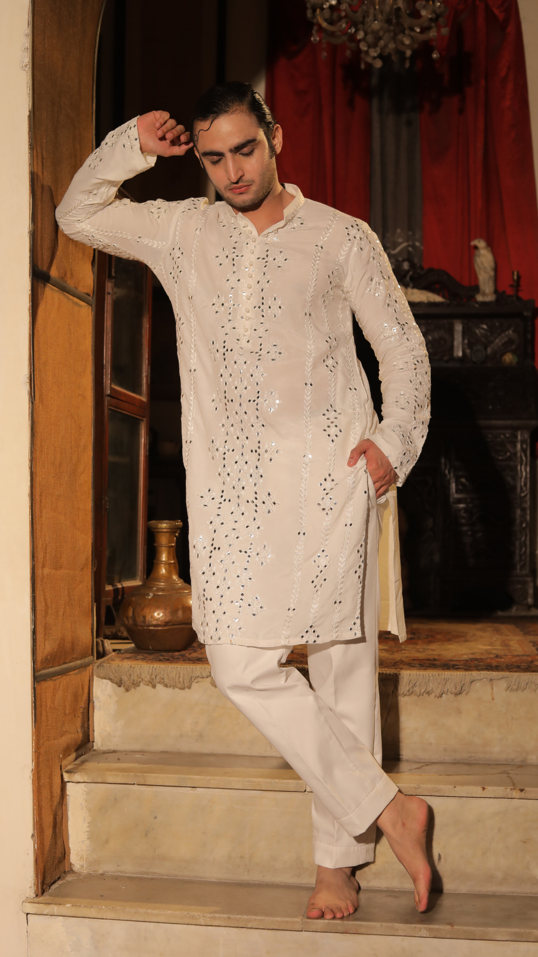 White Mirror Work Chanderi Kurta (2-Piece) - Image 2