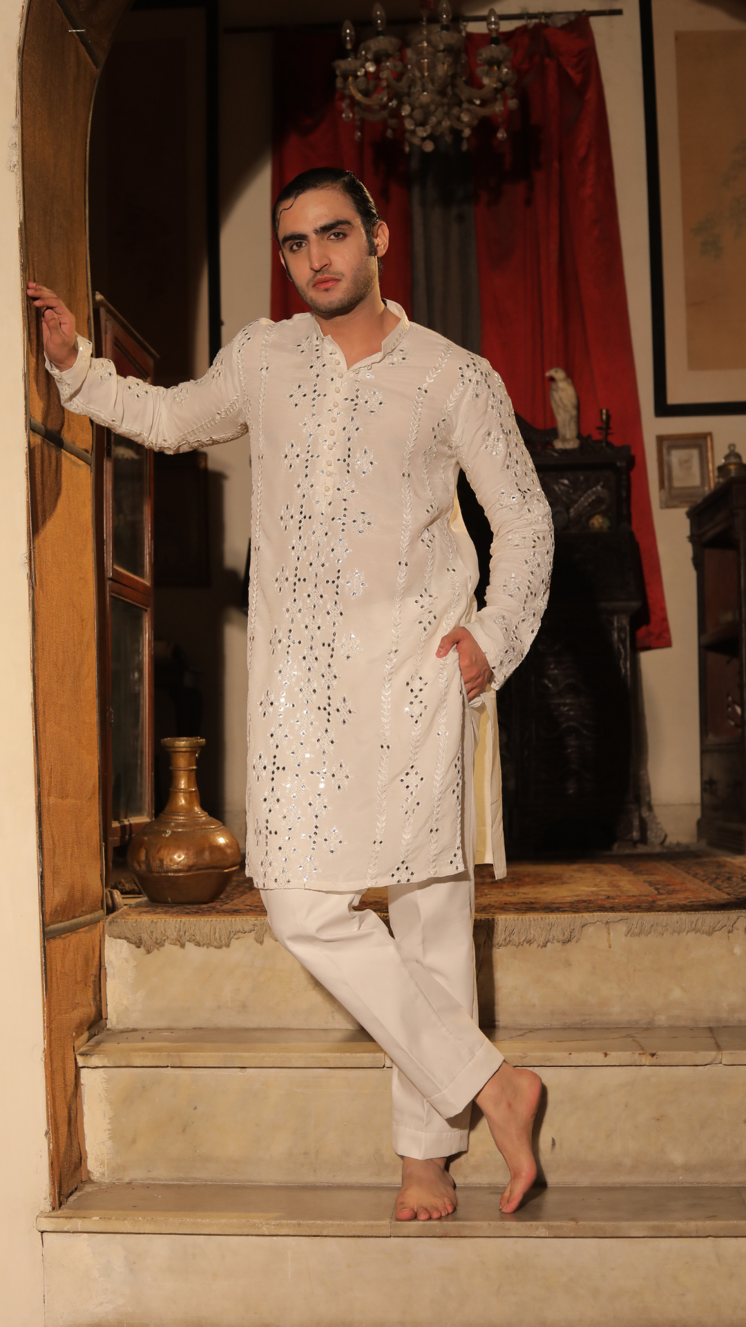 White Mirror Work Chanderi Kurta (2-Piece) - Image 3