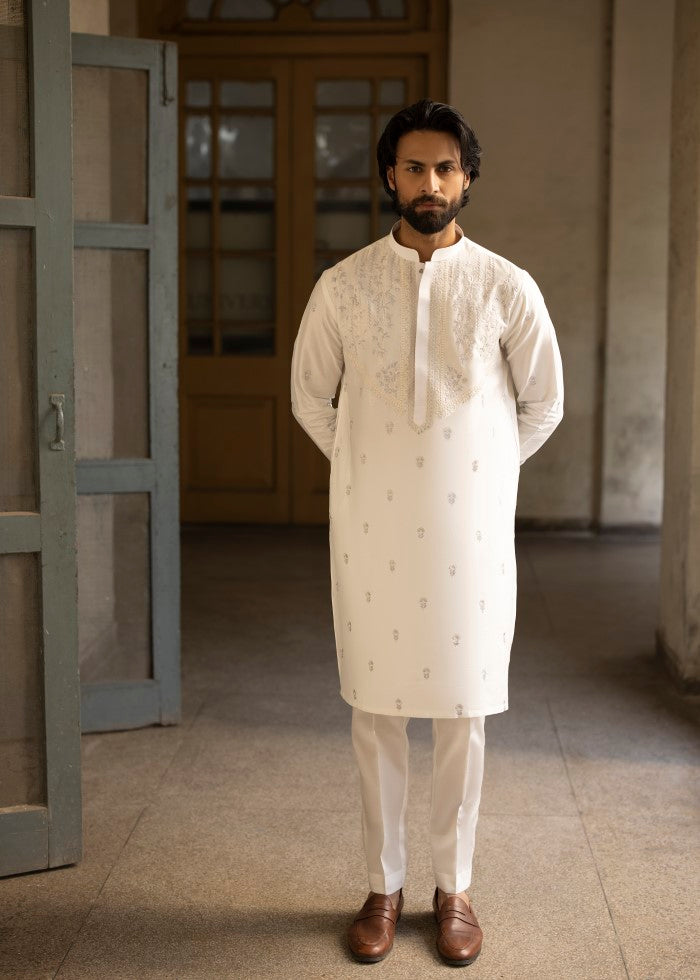 White Embroidered Cotton Kurta Set (2-Piece) - Image 3