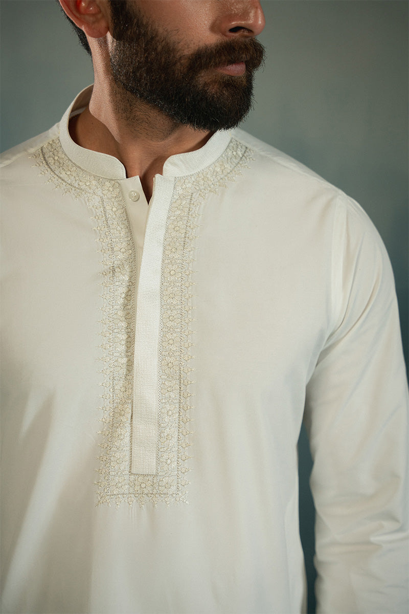 White Tone-on-Tone Embroidered Cotton Kurta Pajama (2-Piece) - Image 2