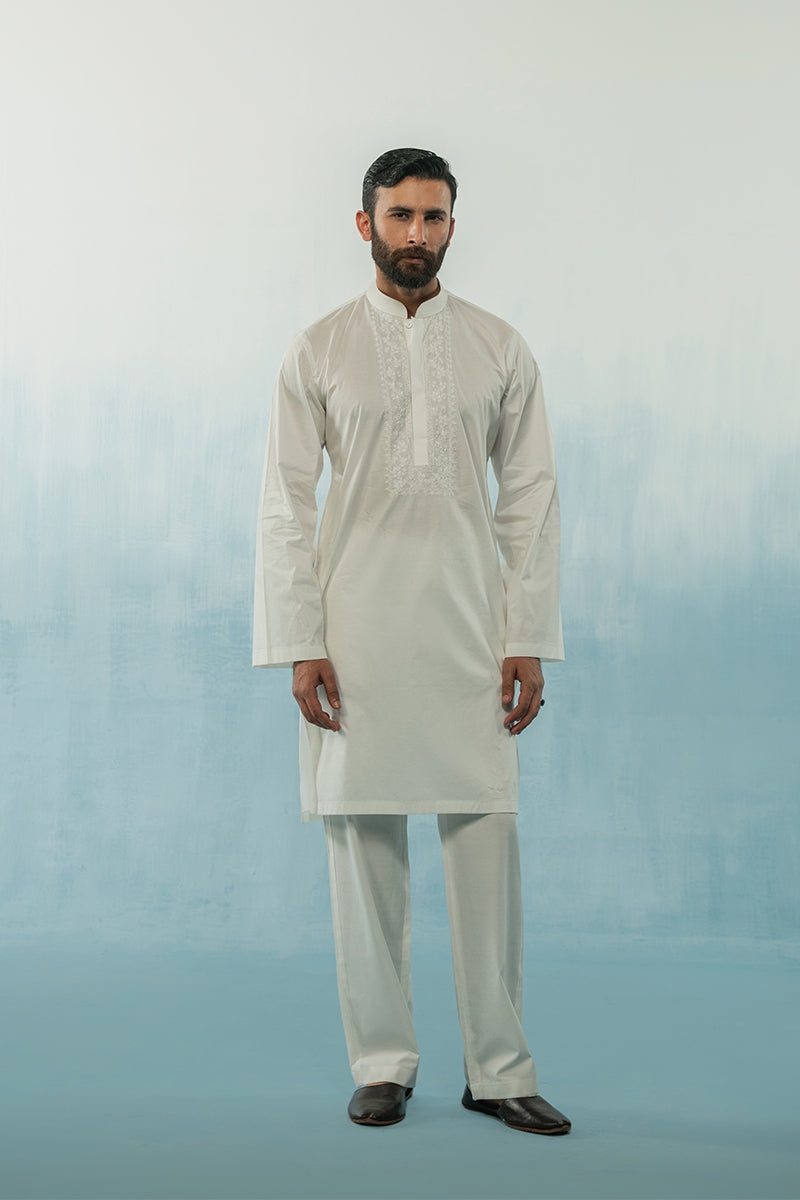 White Tone-on-Tone Embroidered Cotton Kurta Pajama (2-Piece) - Image 4