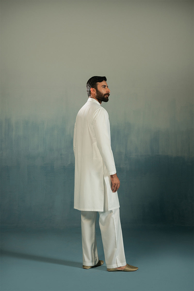 White Tone-on-Tone Embroidered Cotton Kurta Pajama (2-Piece) - Image 5