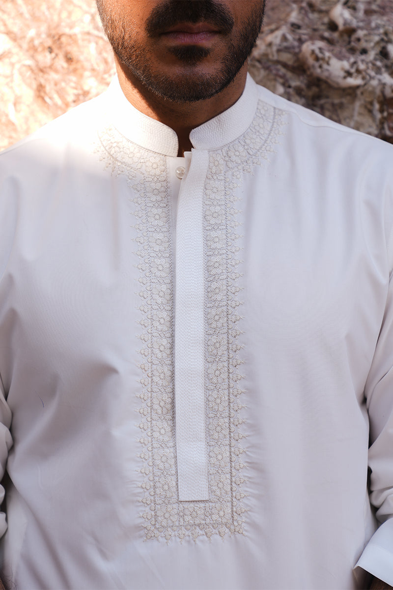 White Tone-on-Tone Embroidered Cotton Kurta Pajama (2-Piece) - Image 8