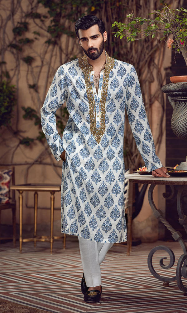 White Blue Printed Cotton Kurta with Handworked Collar (2-Piece) - Image 2
